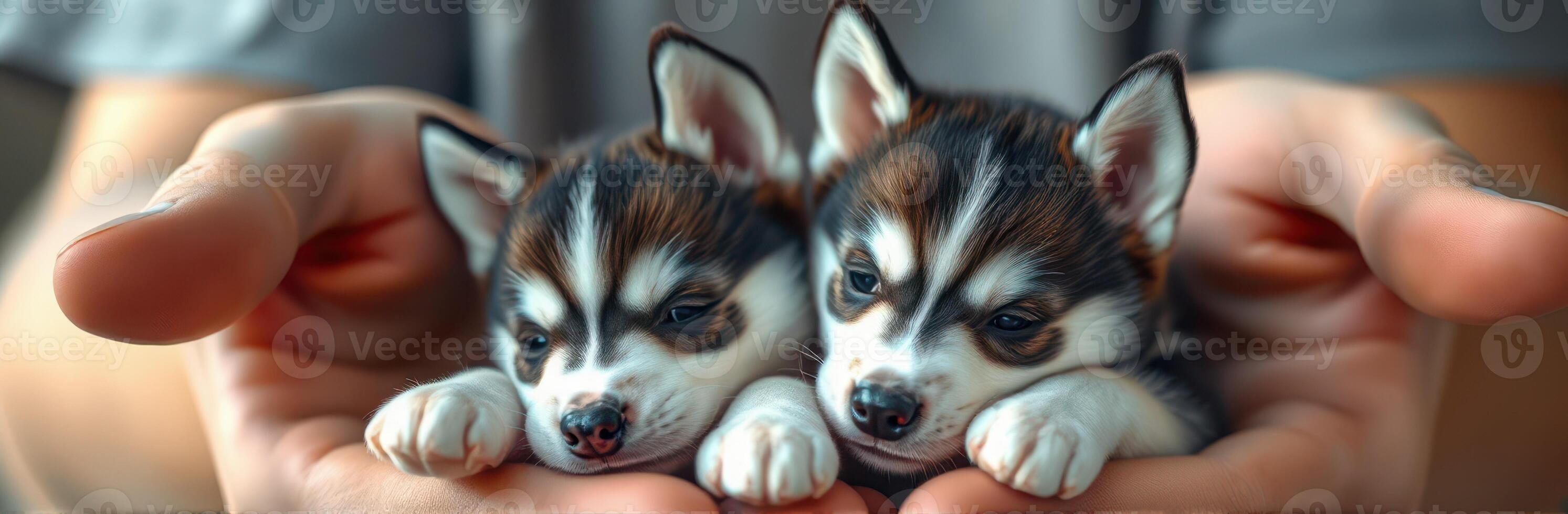 Two adorable husky puppies resting in a person's hands indoors, showcasing their playful expressions and fluffy fur photo