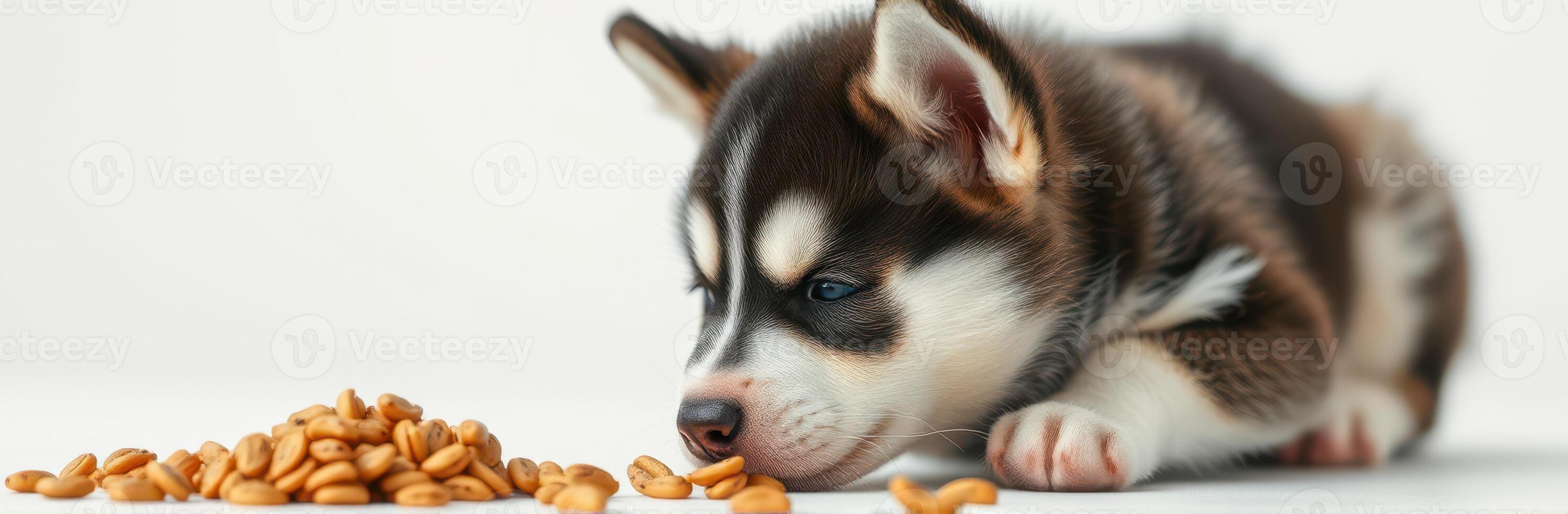 Curious puppy explores scattered dog food on a clean surface in a well-lit indoor environment photo