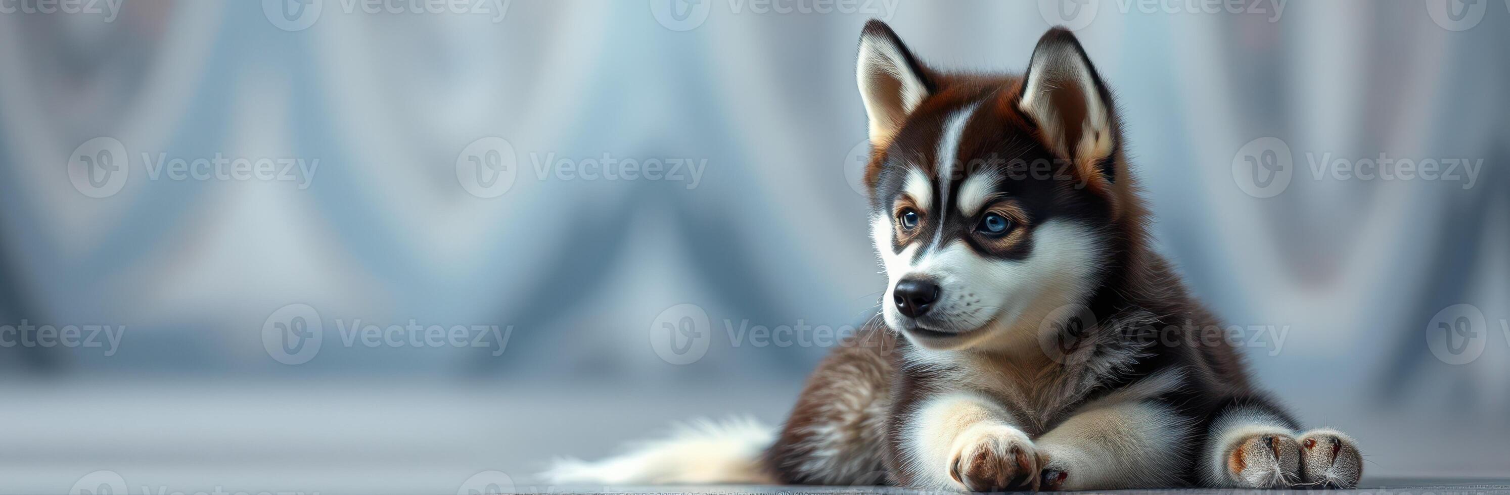 Adorable husky puppy lying on a smooth surface indoors with a stylish background photo