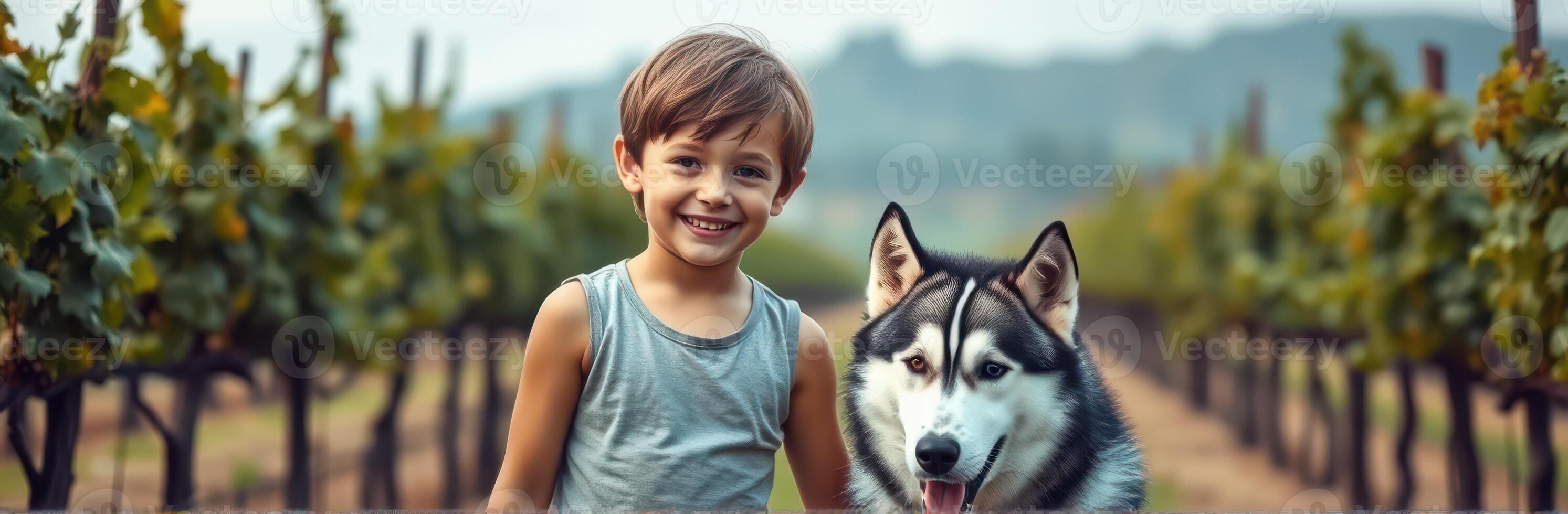 Happy boy and husky dog explore vineyard during daytime under bright sky photo