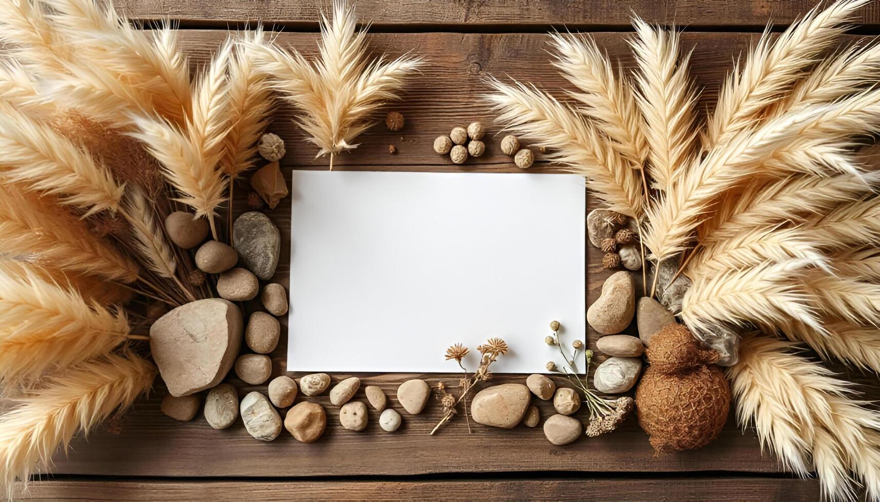 blank paper with dried wheat and stones on wooden background photo