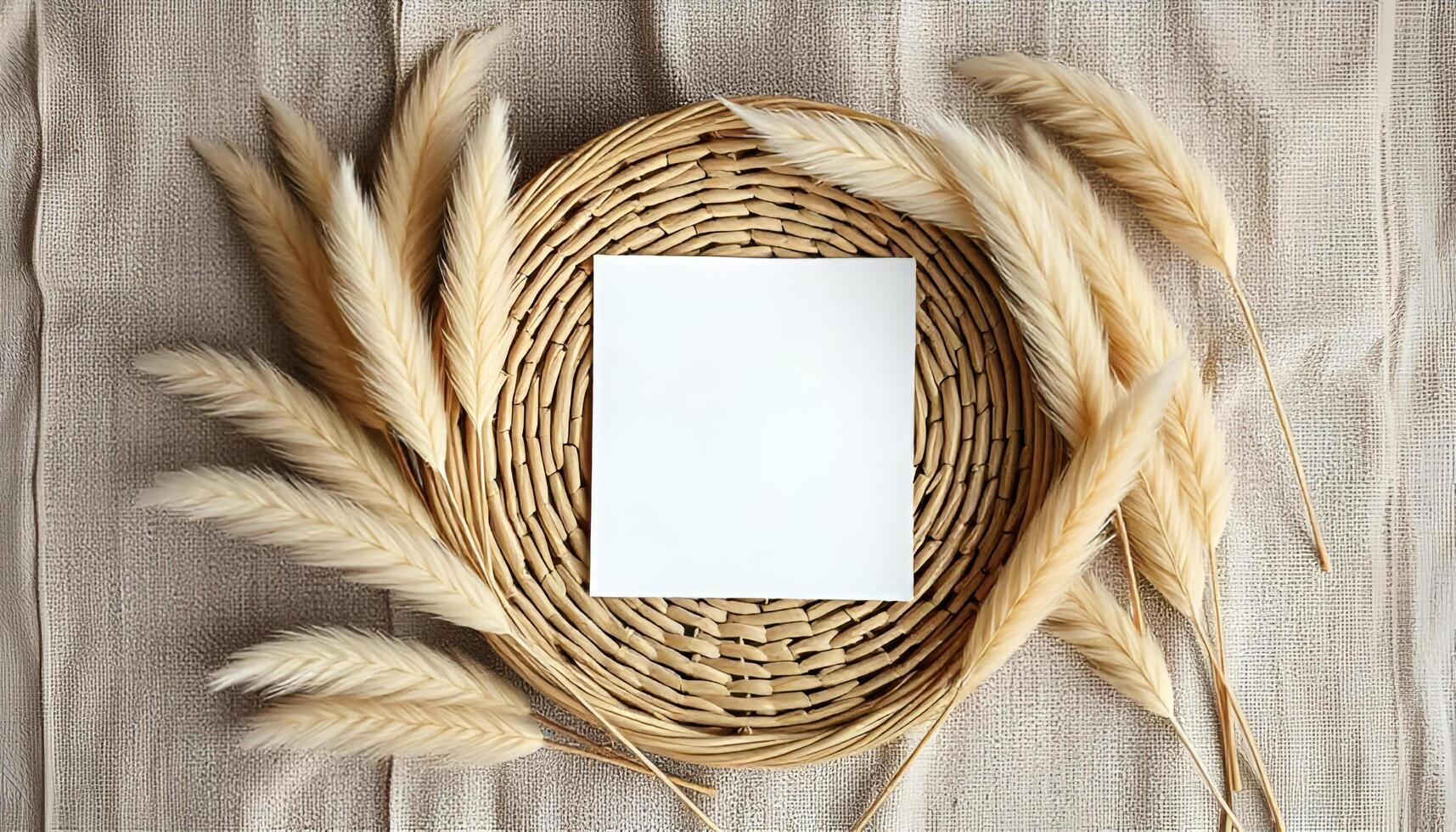 blank paper in a basket with reeds on a wooden background photo