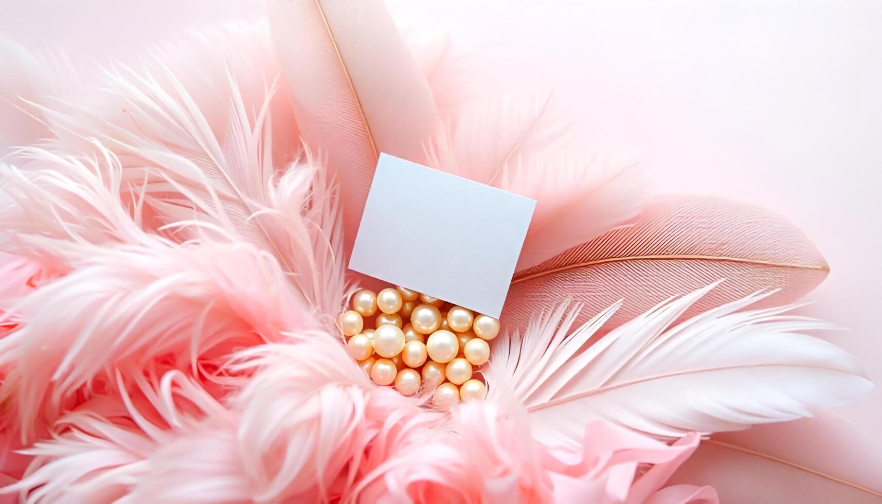 a white card is sitting on top of a pink feather photo