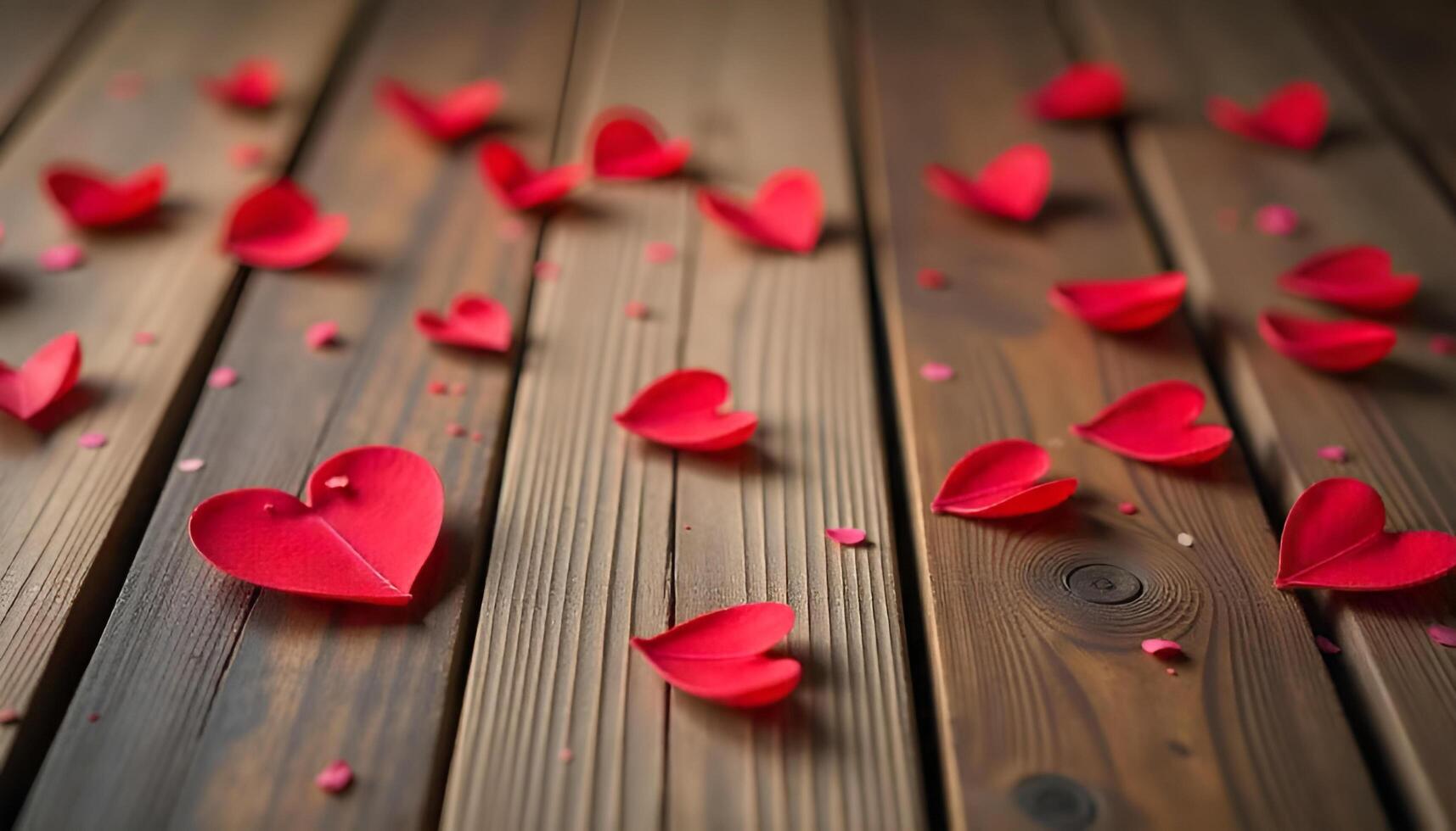 red paper hearts scattered on a wooden table photo