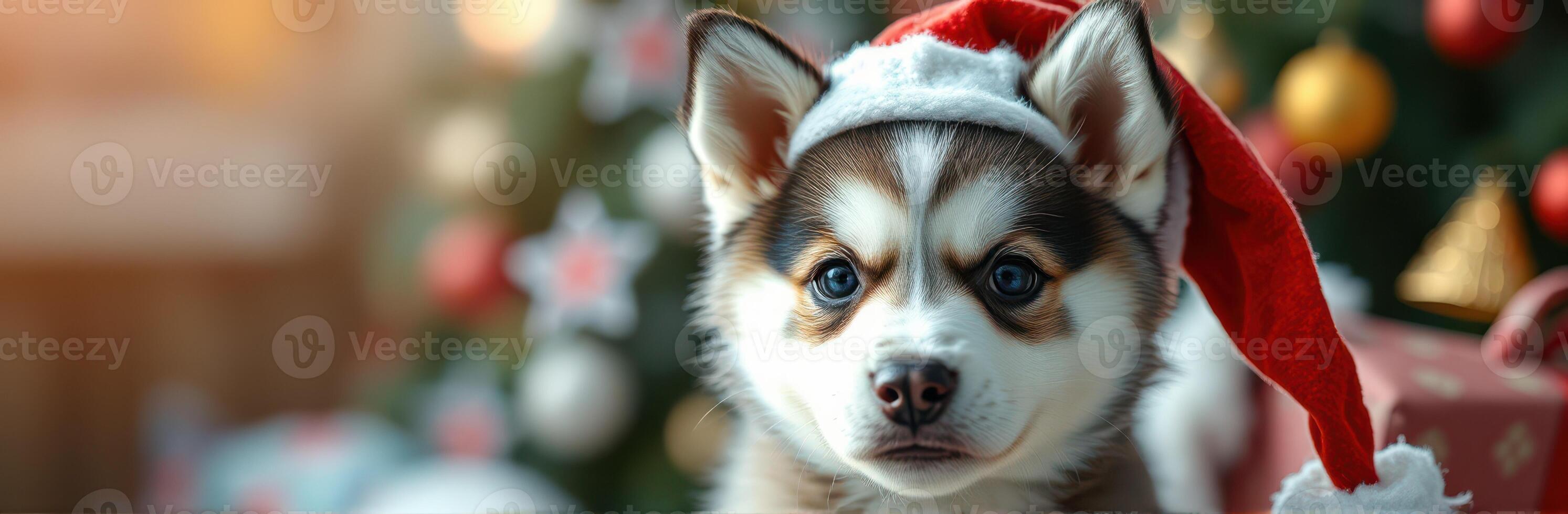 Cute puppy wearing a Christmas hat in front of a decorated holiday tree with lights and ornaments photo