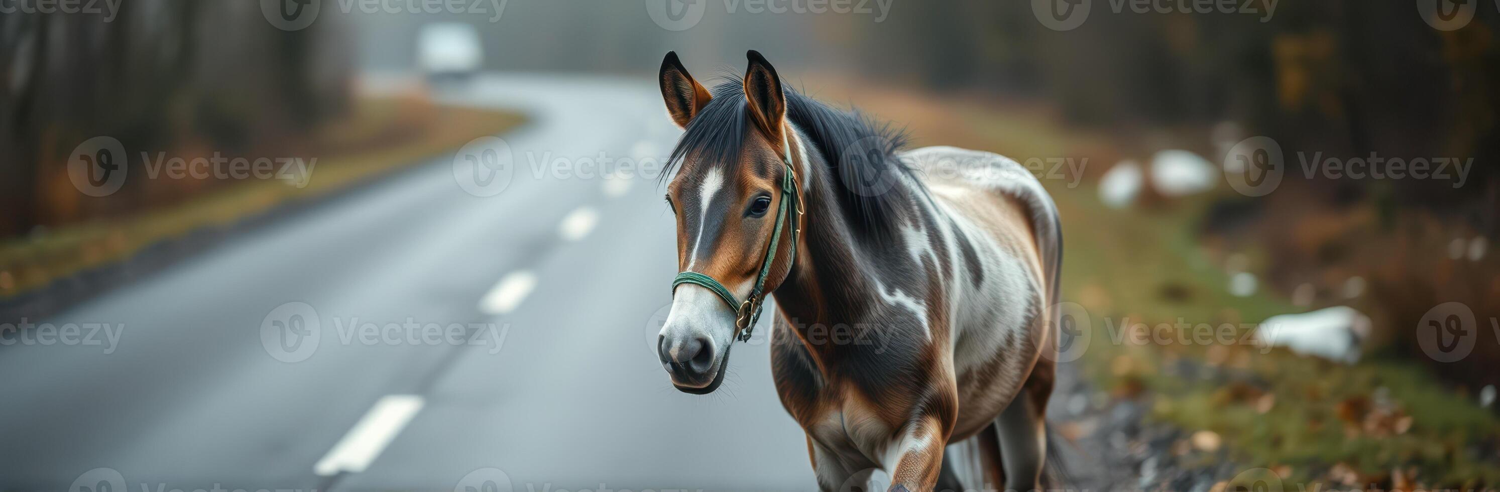Horse walks along a quiet country road in the early morning light surrounded by trees photo