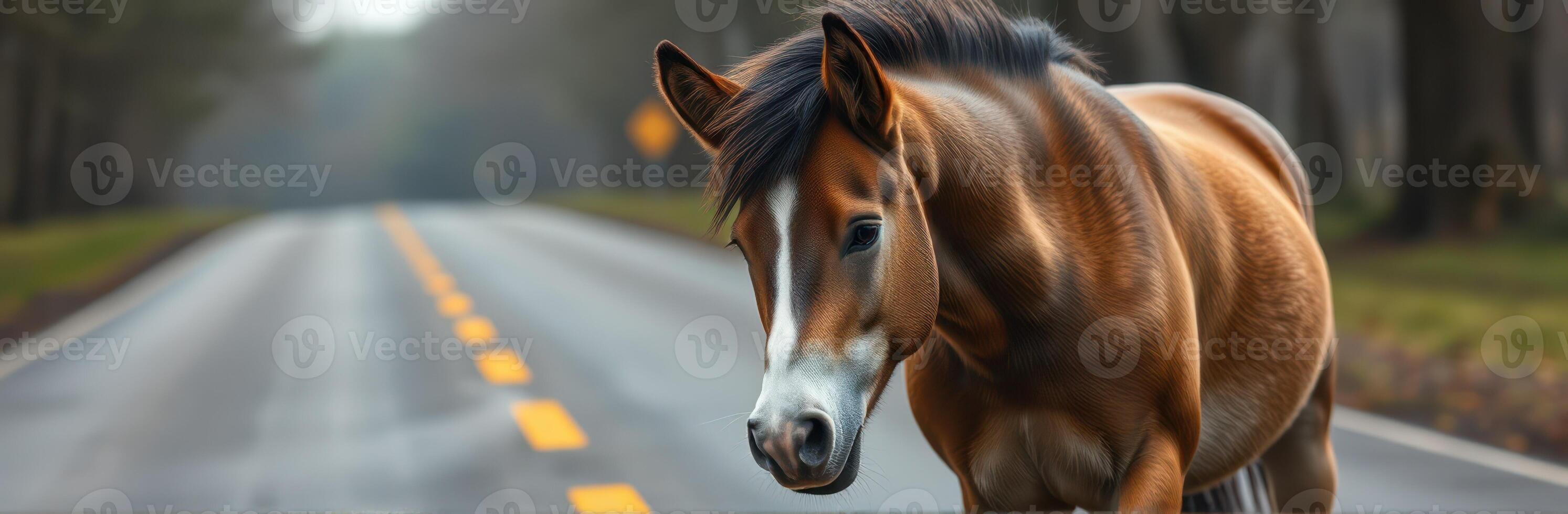Horse wandering along a quiet country road in early morning light, surrounded by trees and mist photo