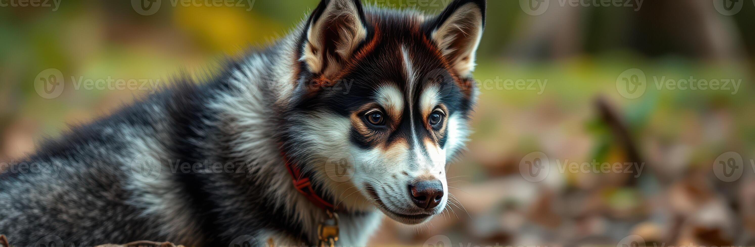 Curious Siberian Husky puppy exploring fallen leaves in a sunny autumn park setting photo