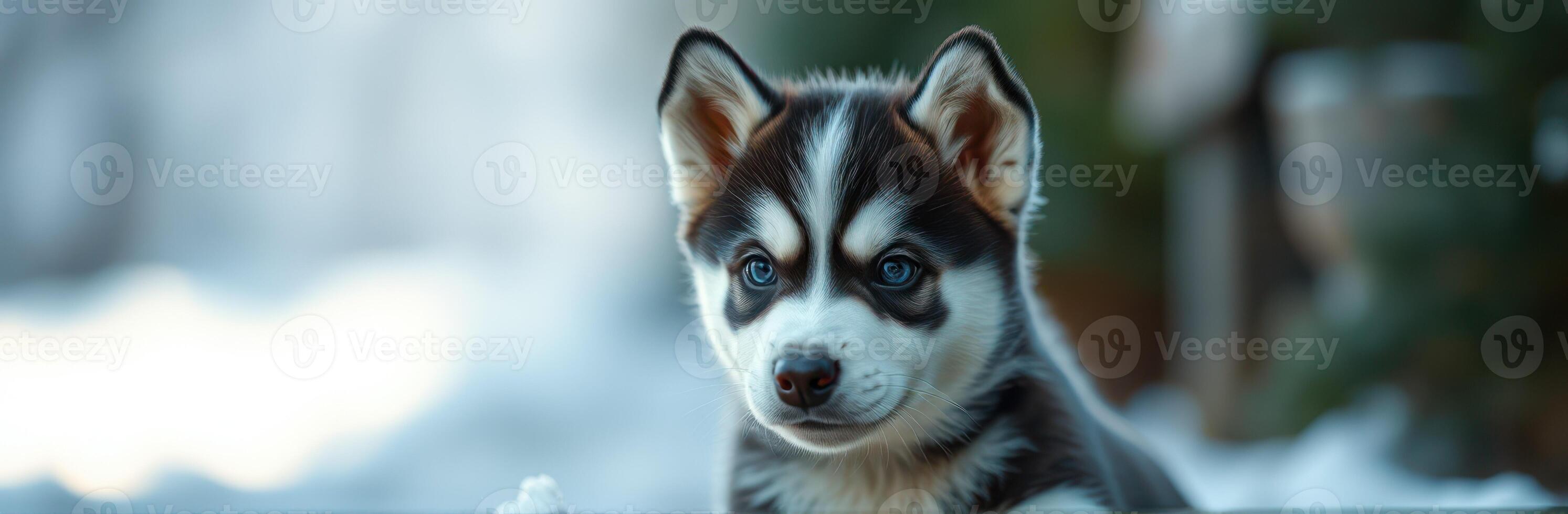 Cute husky puppy playing in the snow during a sunny winter day in the forest photo