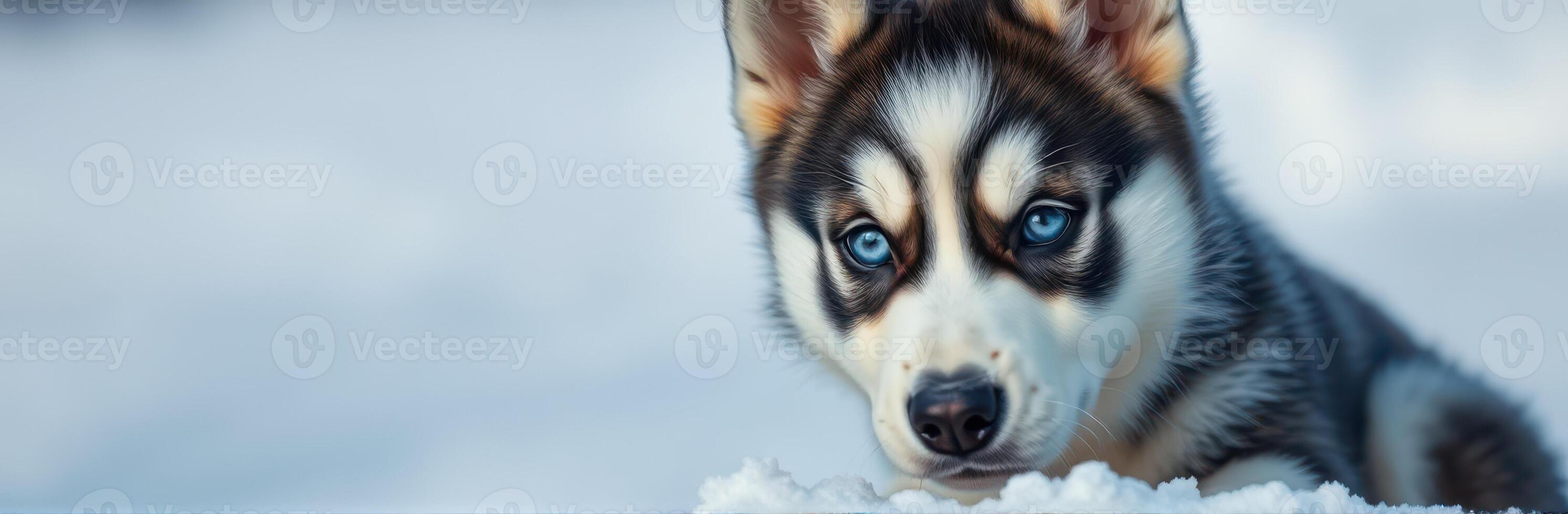 Siberian husky puppy playing in fresh snow on a bright winter day with striking blue eyes photo