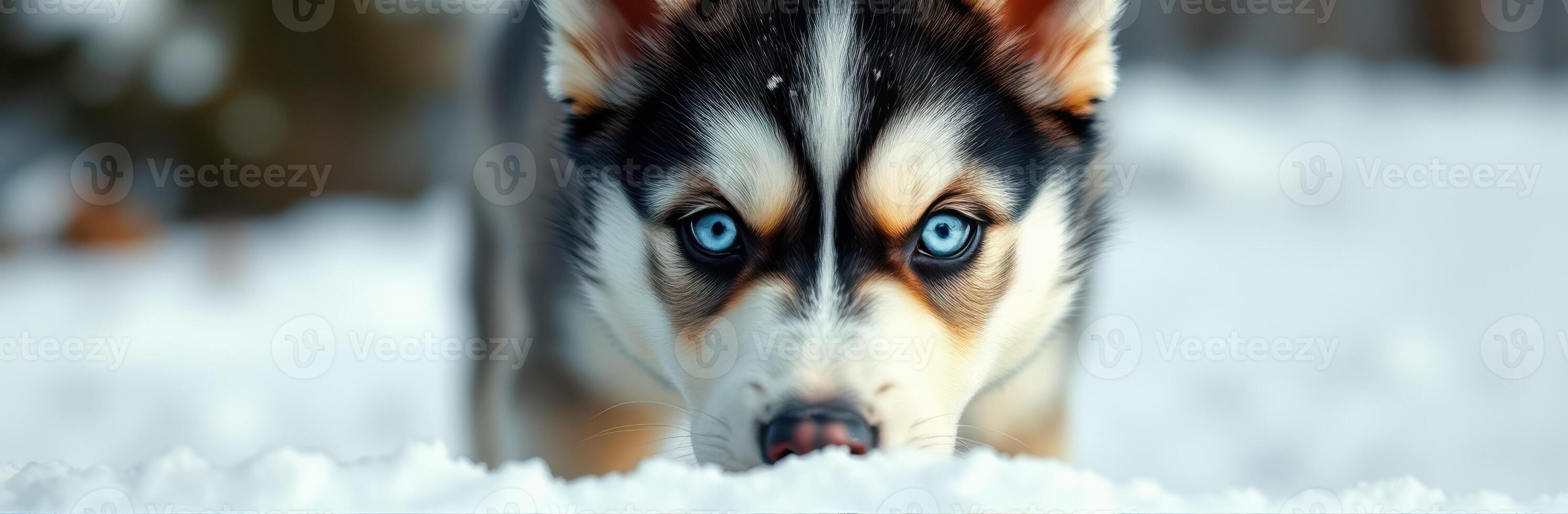 Husky puppy exploring the snowy landscape with bright blue eyes in a winter environment photo