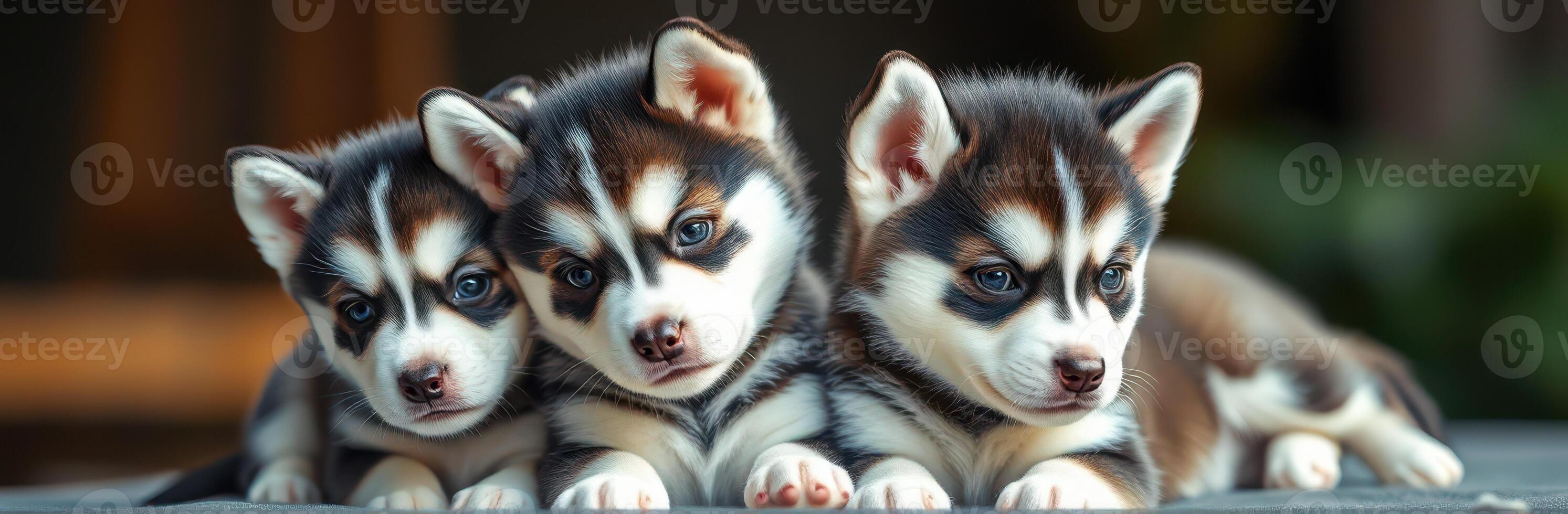 Three adorable husky puppies resting together in a cozy indoor setting during the afternoon light photo