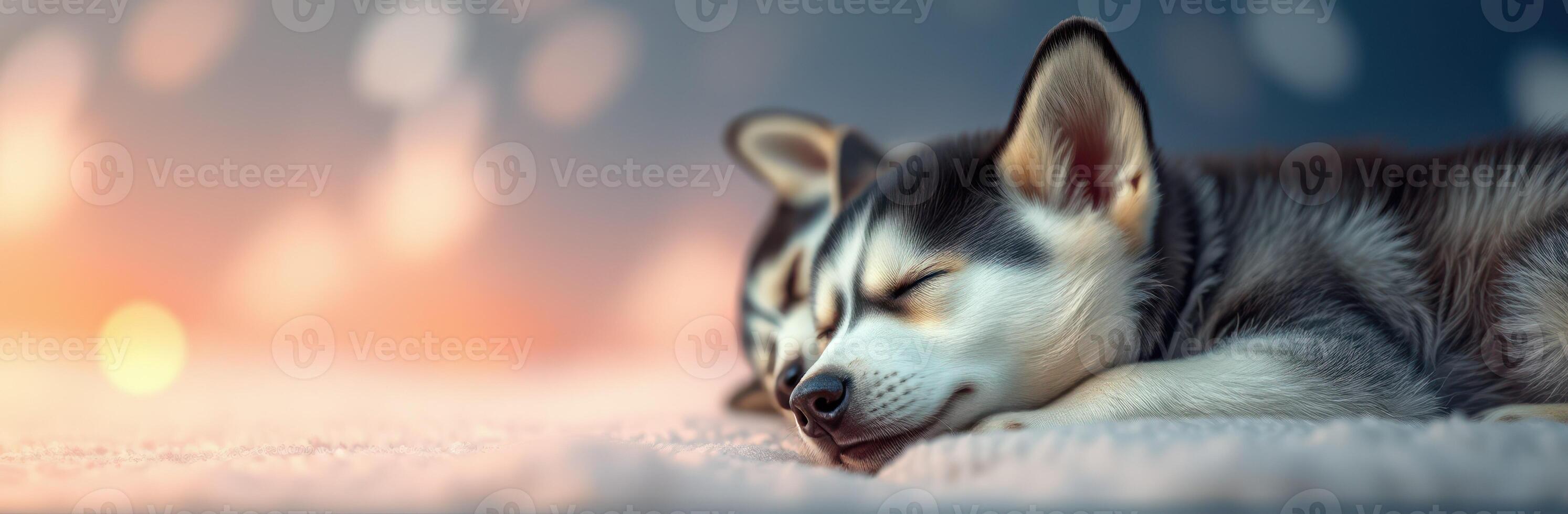 Two sleeping puppies rest peacefully on a soft surface in a cozy setting, surrounded by a warm glow from the background photo