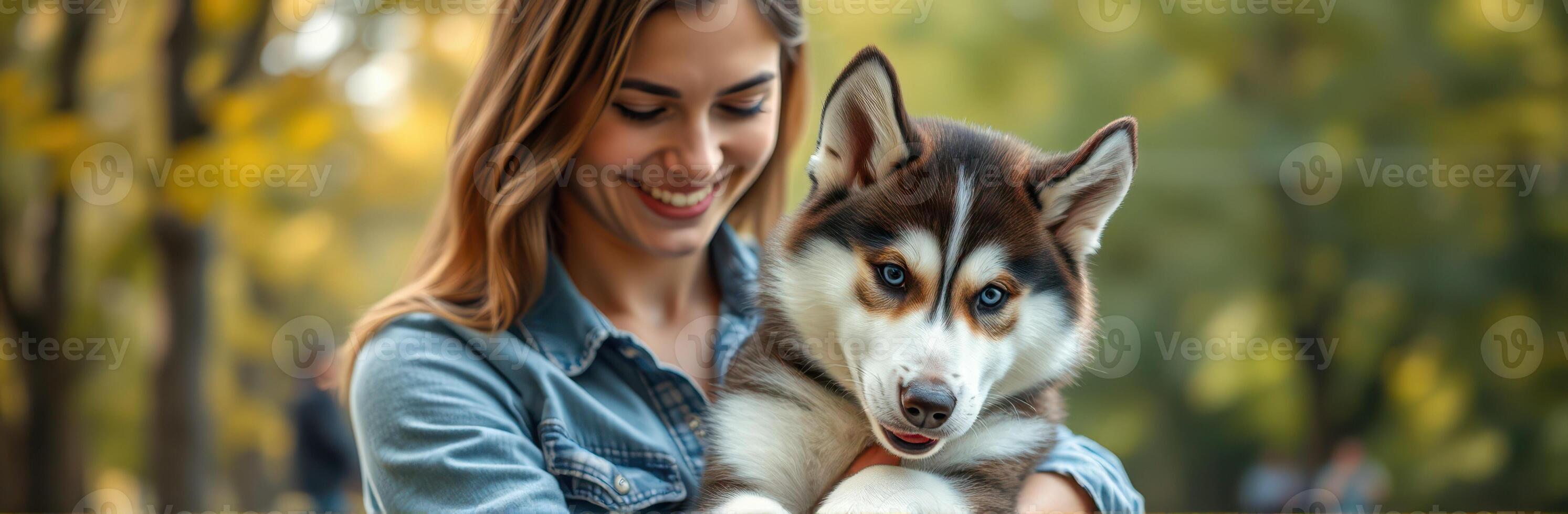 Smiling woman enjoys a sunny day outdoors while holding a fluffy husky puppy in a park setting photo