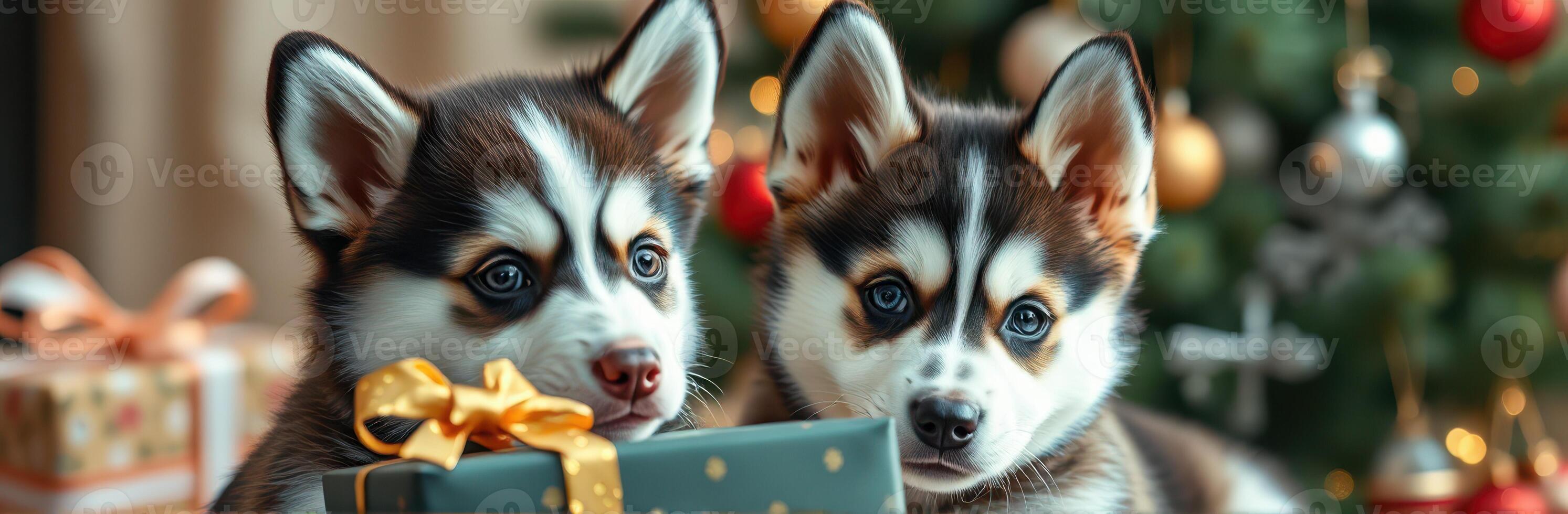 Two adorable puppies unwrapping gifts near a decorated Christmas tree during a festive celebration photo