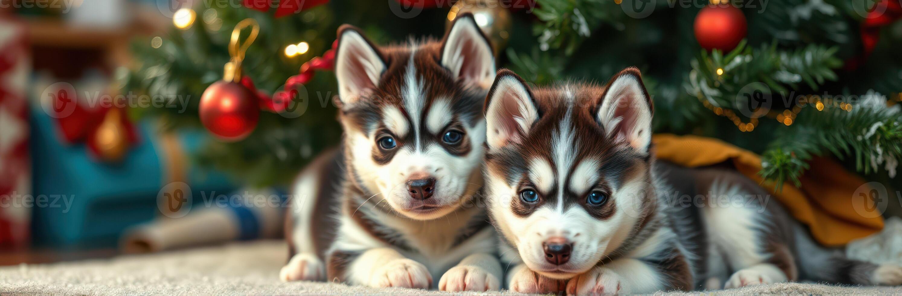 Two adorable husky puppies relaxing under a beautifully decorated Christmas tree in a cozy living room setting photo