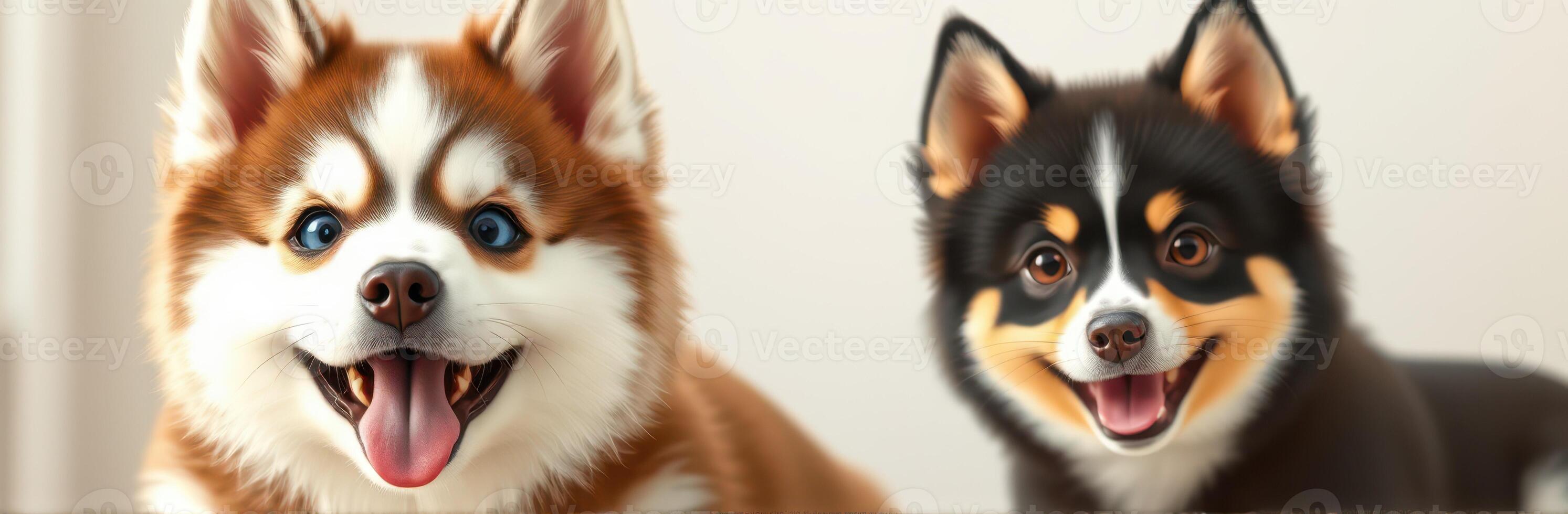 Cute puppies play together in a cozy indoor environment showcasing their playful nature and expressive faces photo