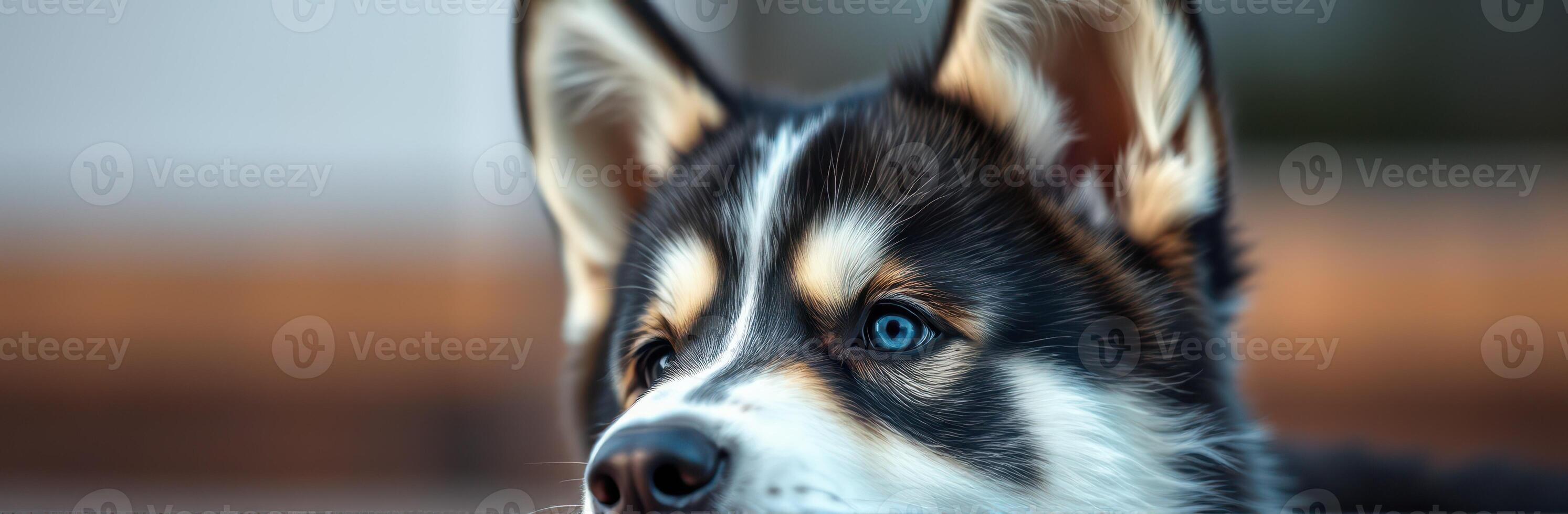 Dog with striking blue eyes gazes curiously outdoors during a sunny afternoon in a suburban setting photo