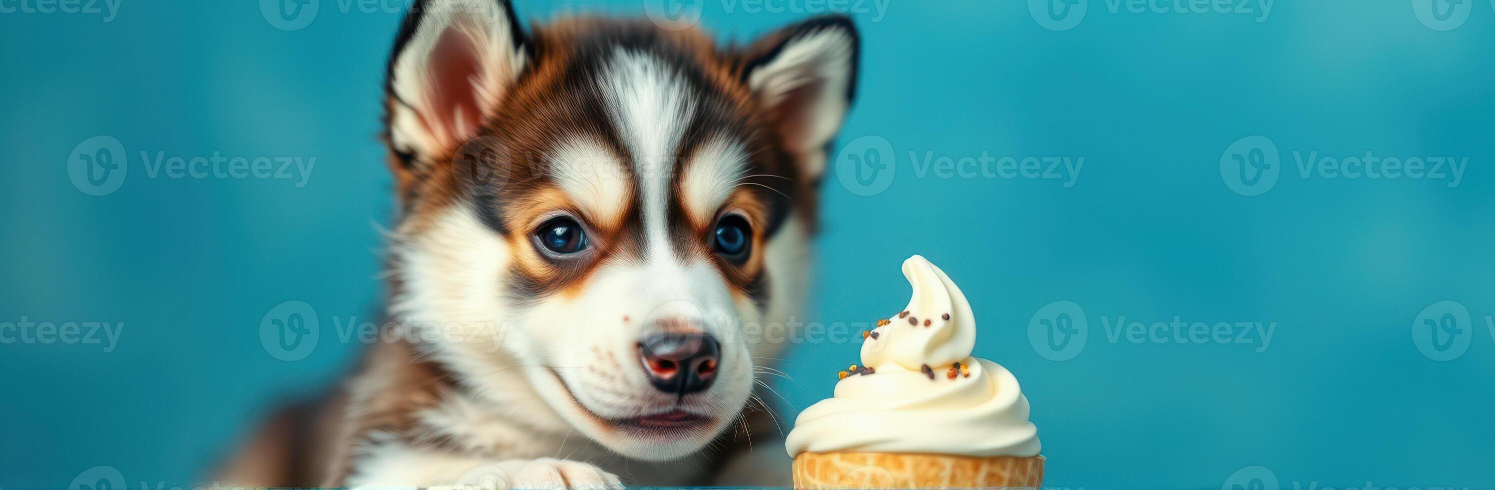 Puppy enjoying a delicious ice cream treat on a sunny day in the park photo