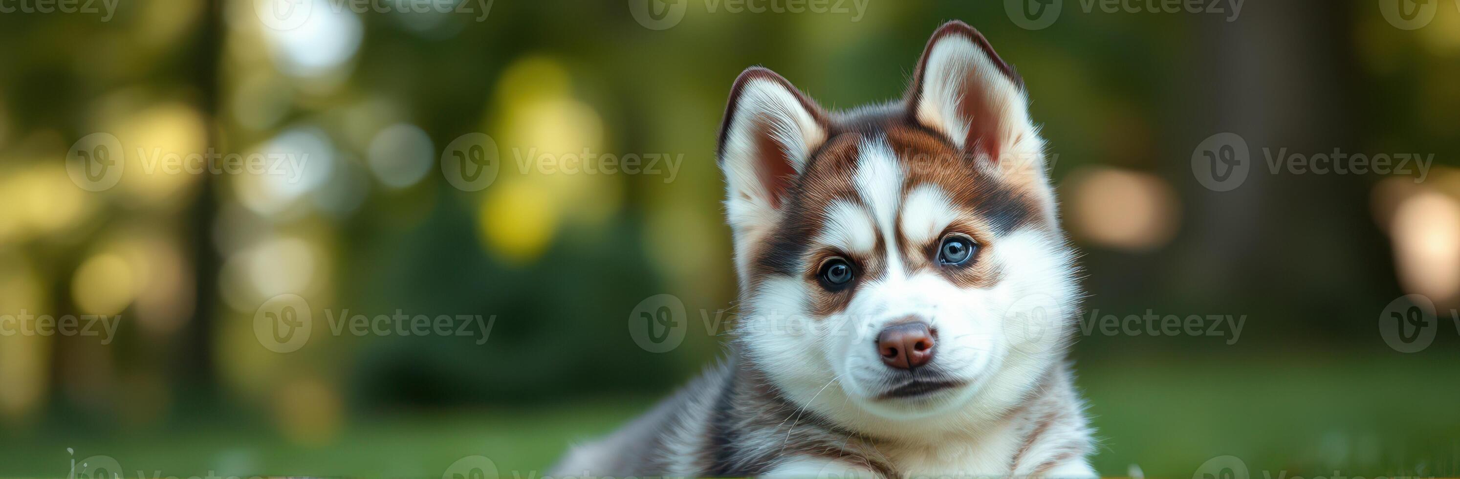 Cute husky puppy resting in a sunny park during afternoon hours with vibrant greenery in the background photo