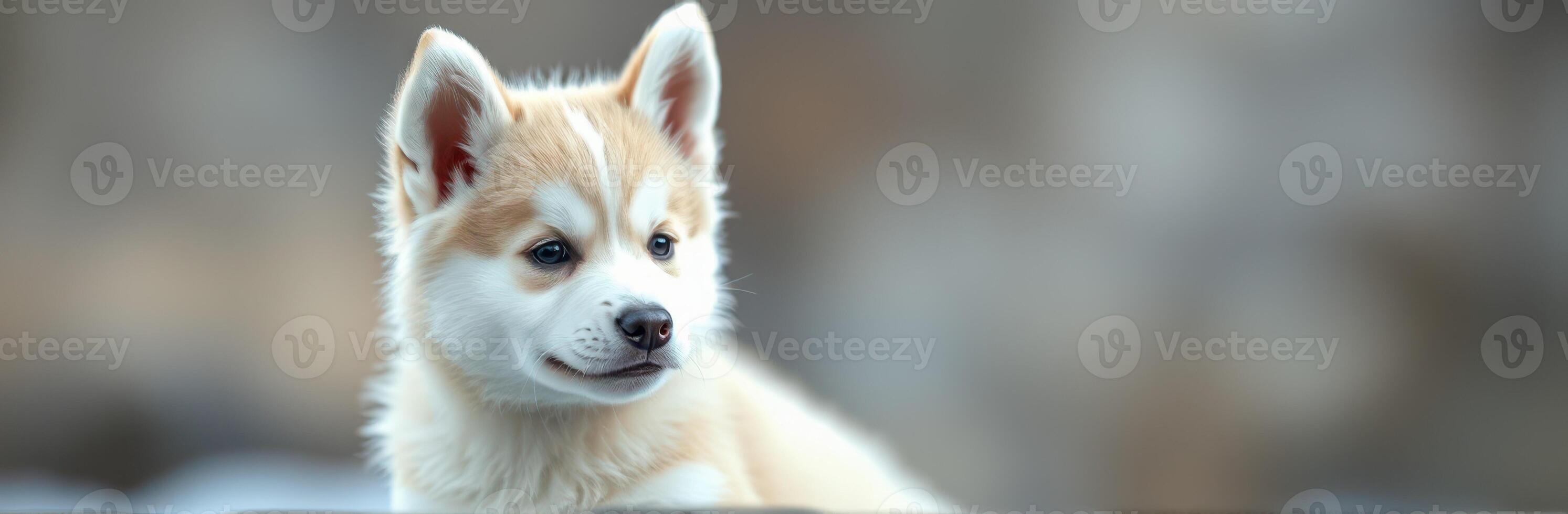 Cute husky puppy with cream and orange fur gazes curiously during a sunny afternoon outdoors in a natural setting photo
