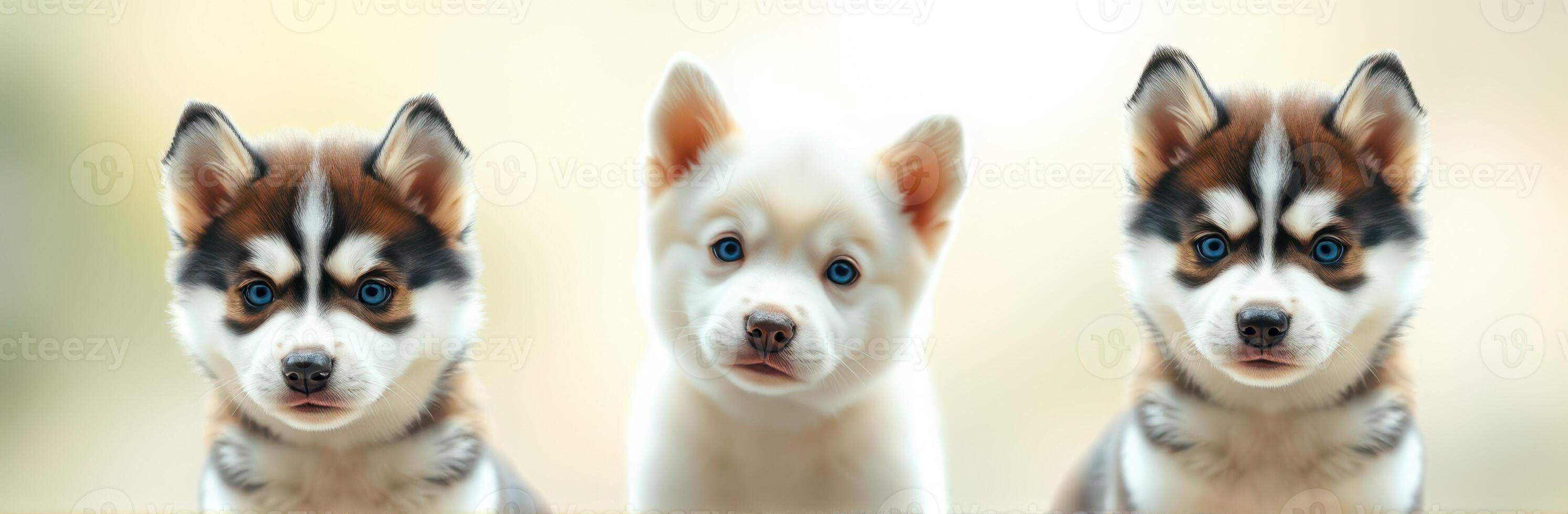 Three adorable puppies with striking blue eyes pose together in a bright and serene setting photo