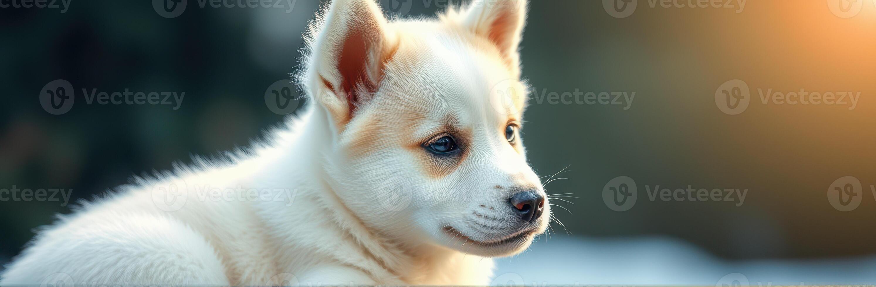 Cute white puppy with light brown accents enjoying the afternoon sunlight in a natural setting photo