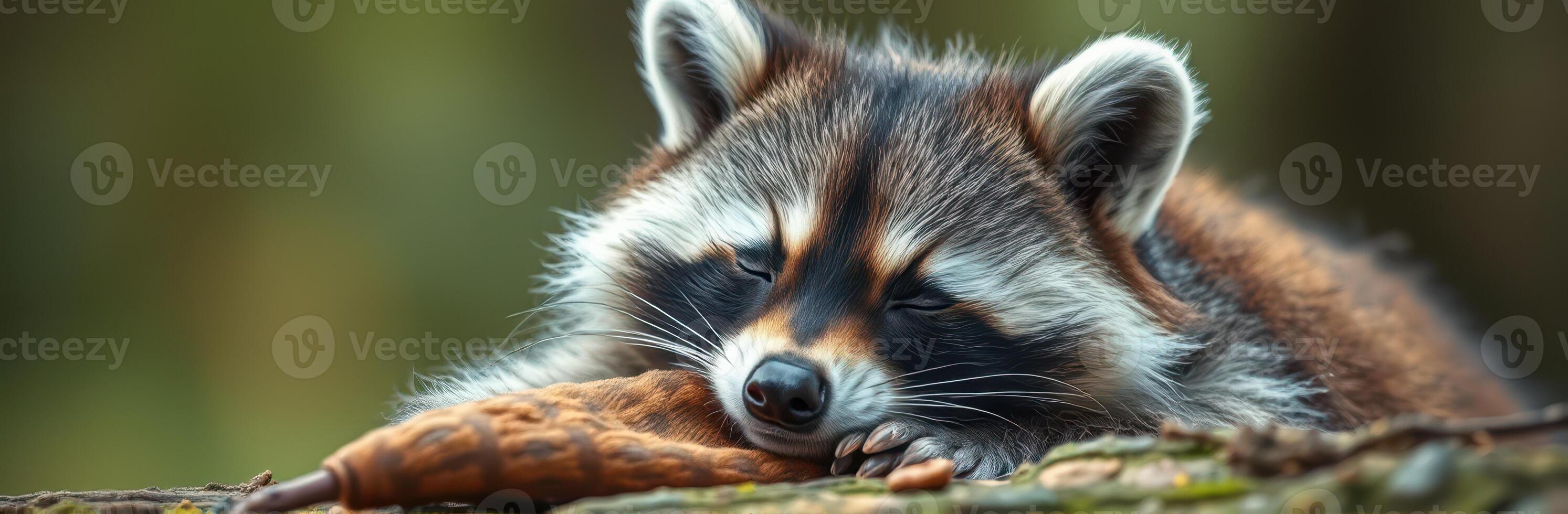 Raccoon resting on a log during a sunny day in a forest photo