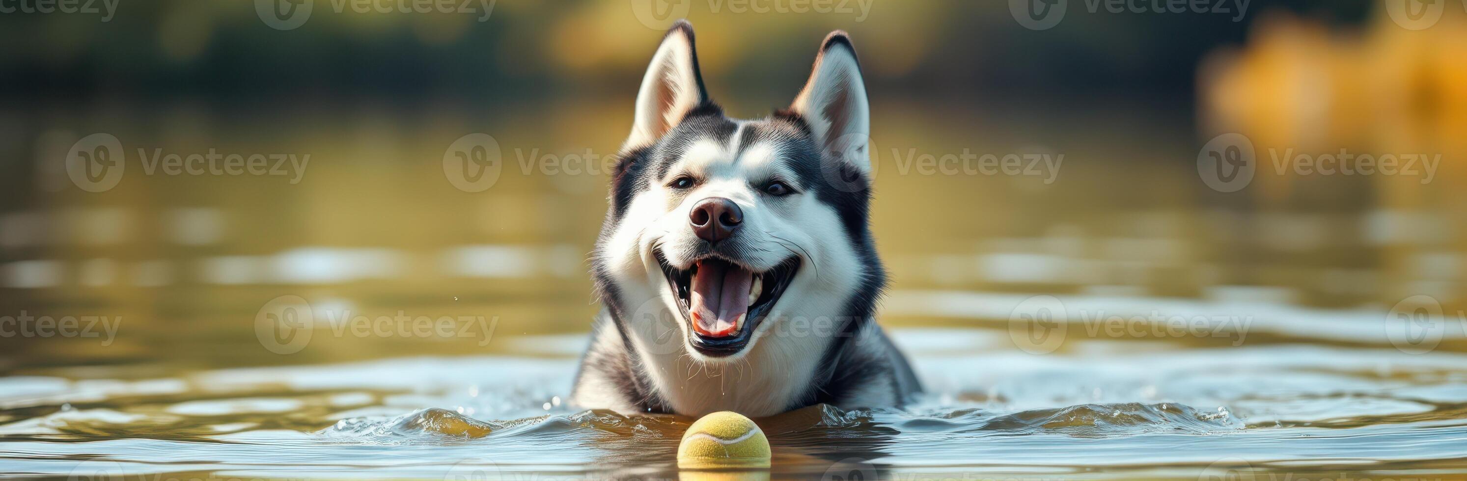 Happy husky swimming in a serene lake during a sunny afternoon with a ball in its mouth photo