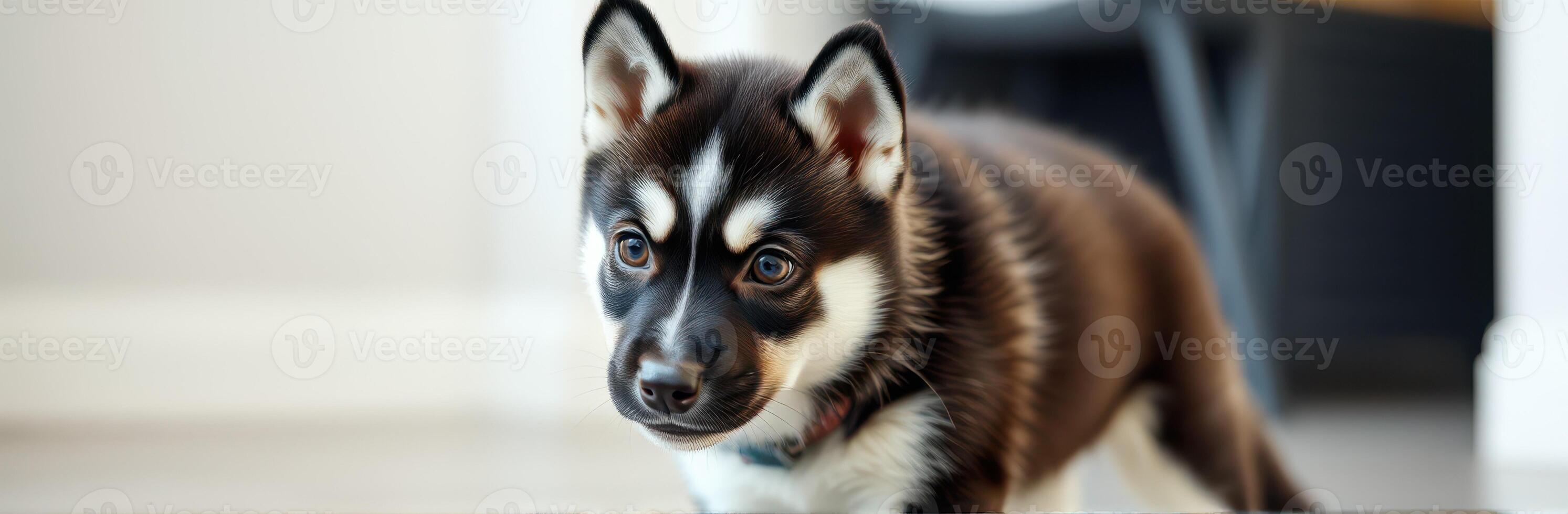 Cute husky puppy exploring a bright home interior during the afternoon photo