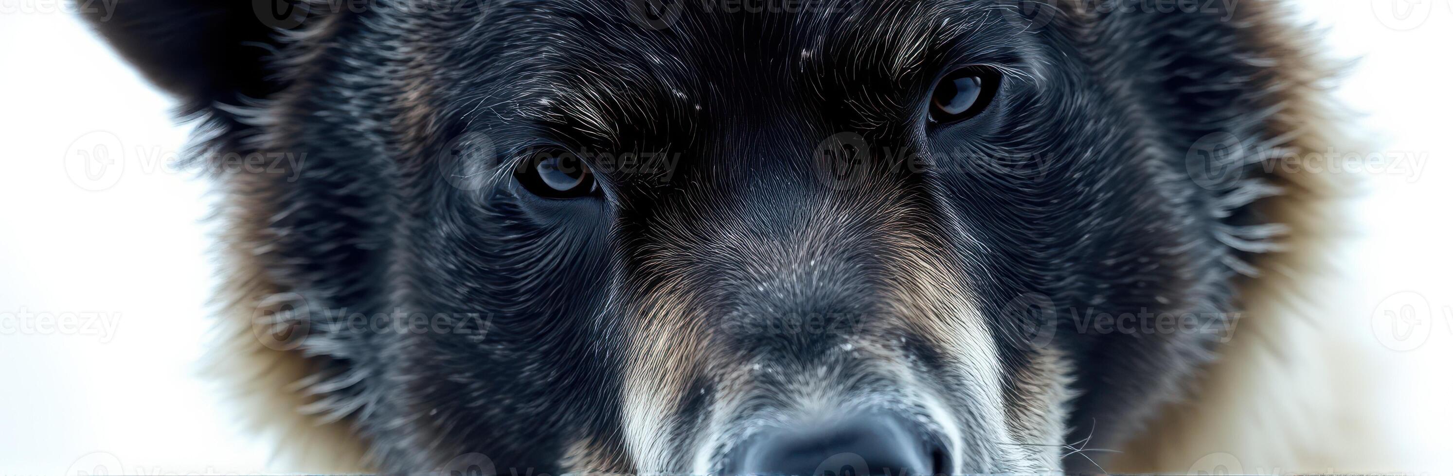 Close-up of a wolf staring intently in a snowy landscape during wintertime photo