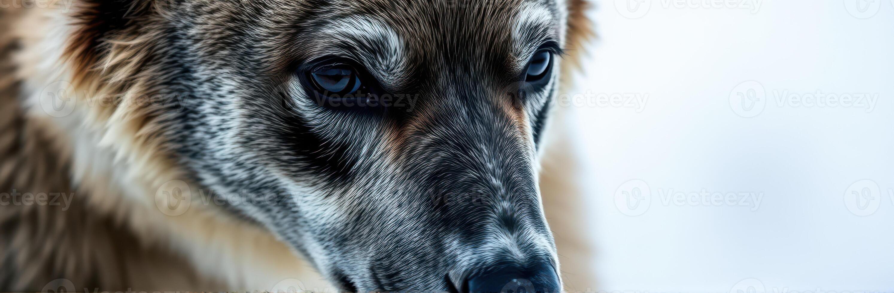 Close-up of a wolf's face highlighting its intense gaze against a snowy backdrop in a forest setting at dawn photo