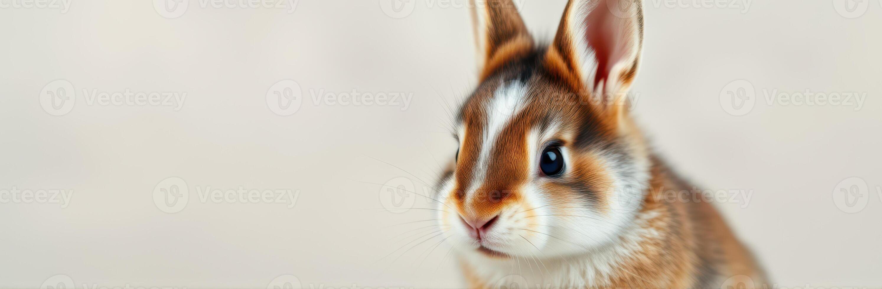 Close up of a rabbit with soft fur and expressive eyes looking curiously towards the camera in a neutral setting photo