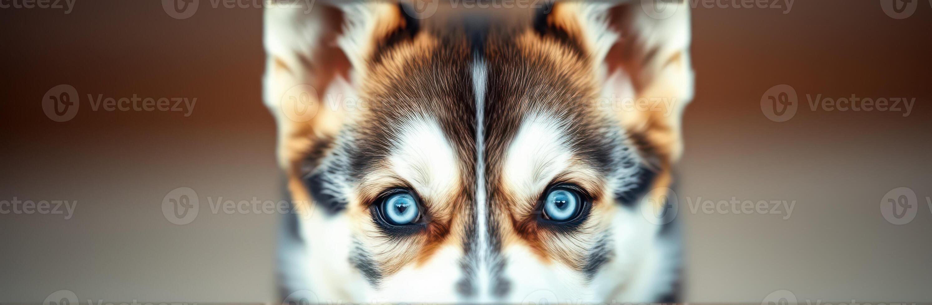 Close-up of a dog with striking blue eyes looking directly at the camera in a warm indoor setting photo