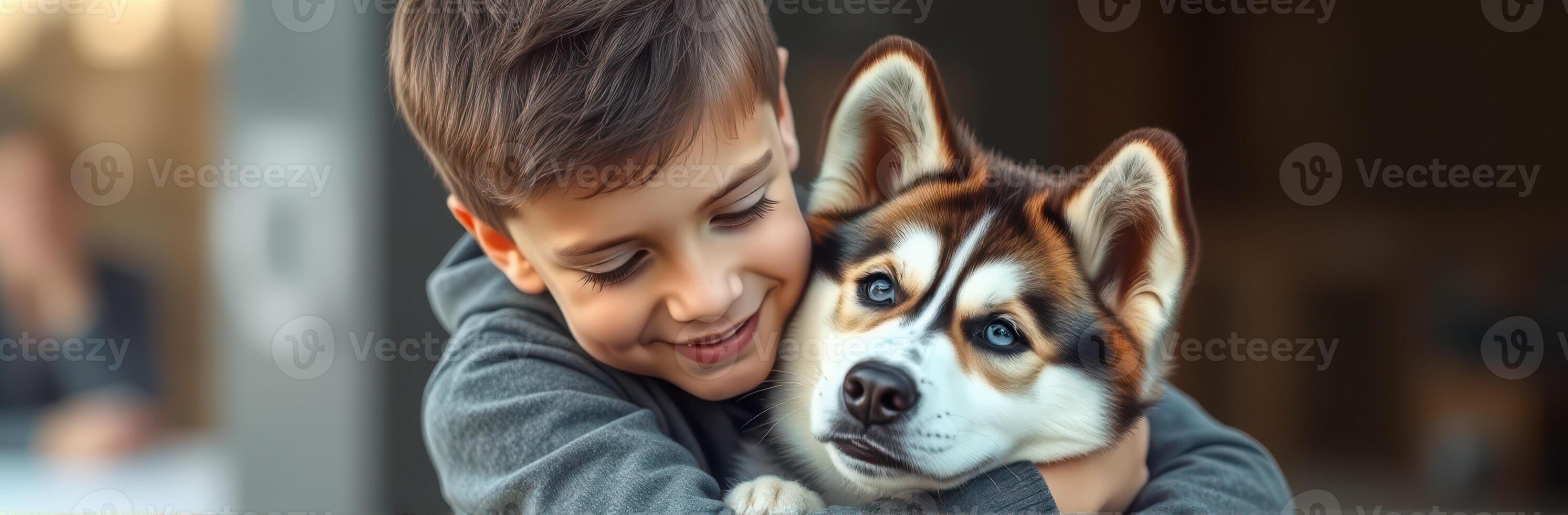 Young boy joyfully hugs his playful husky puppy in a cozy setting during a sunny afternoon photo