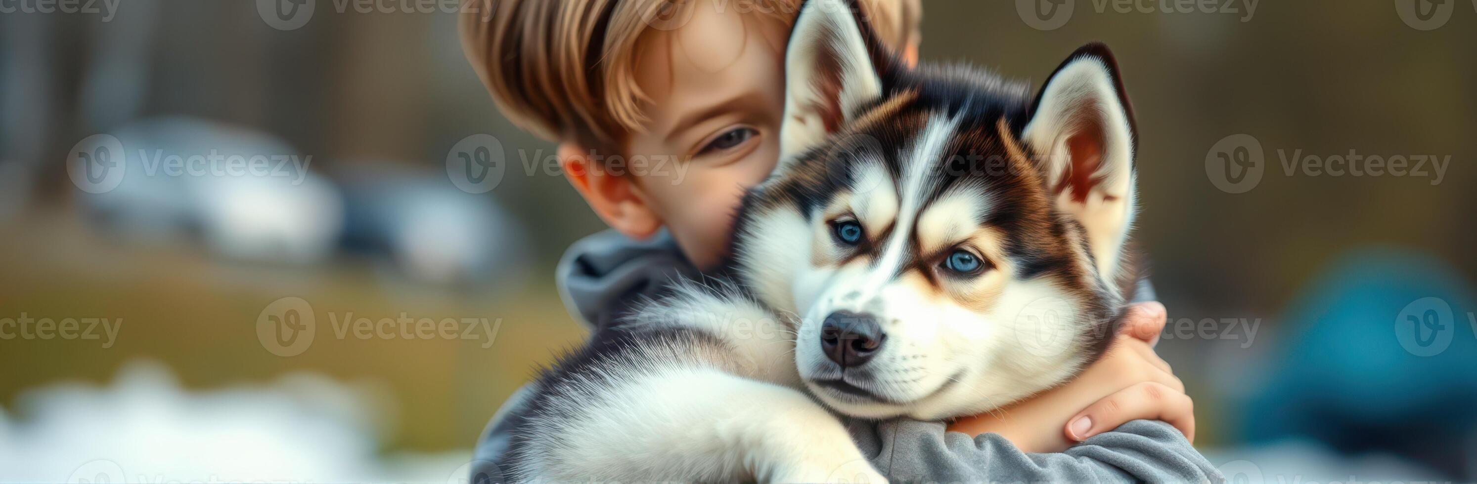 Child joyfully embraces a fluffy husky puppy in a playful outdoor setting during a sunny day photo