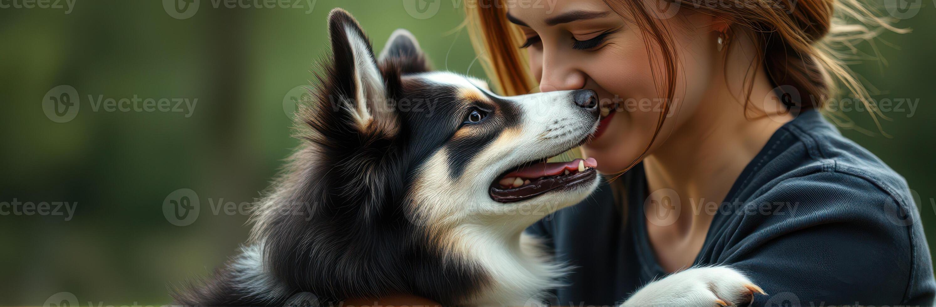 Joyful moment of a woman embracing her fluffy dog in a lush green park during a sunny afternoon photo
