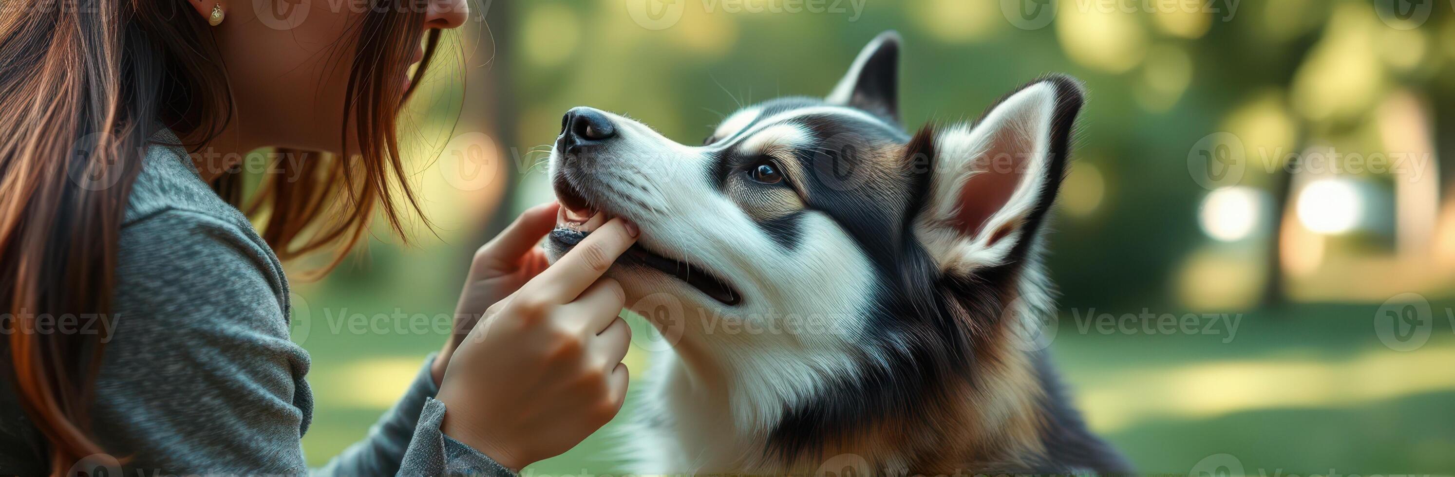 Woman interacting with a friendly dog in a sunny park while enjoying a playful moment together photo