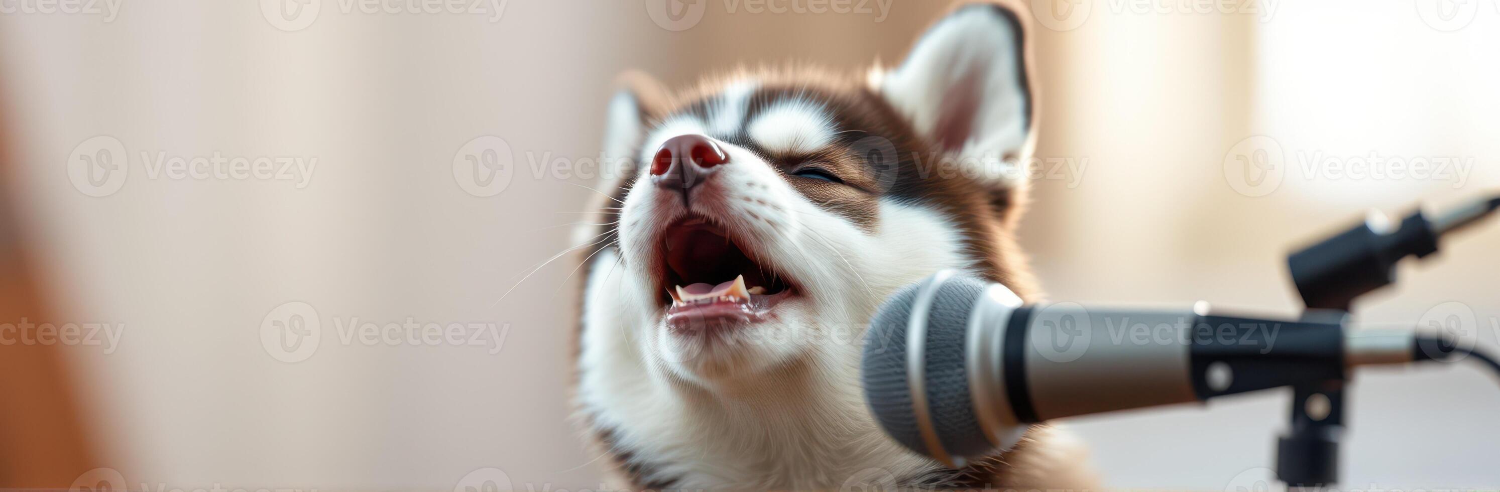 Dog singing into a microphone with a joyful expression in a cozy indoor setting photo