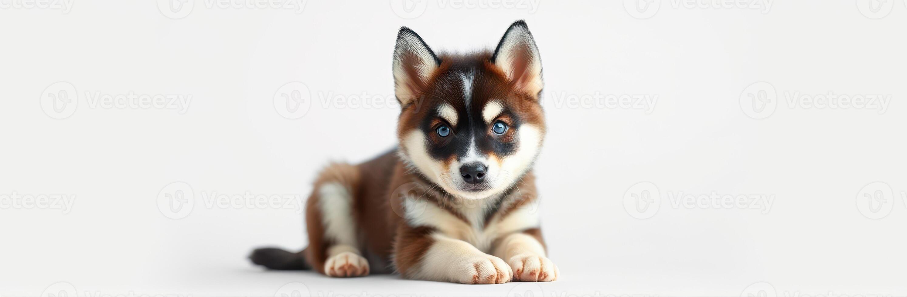 Cute dog relaxing on a white background with striking blue eyes and fluffy fur photo