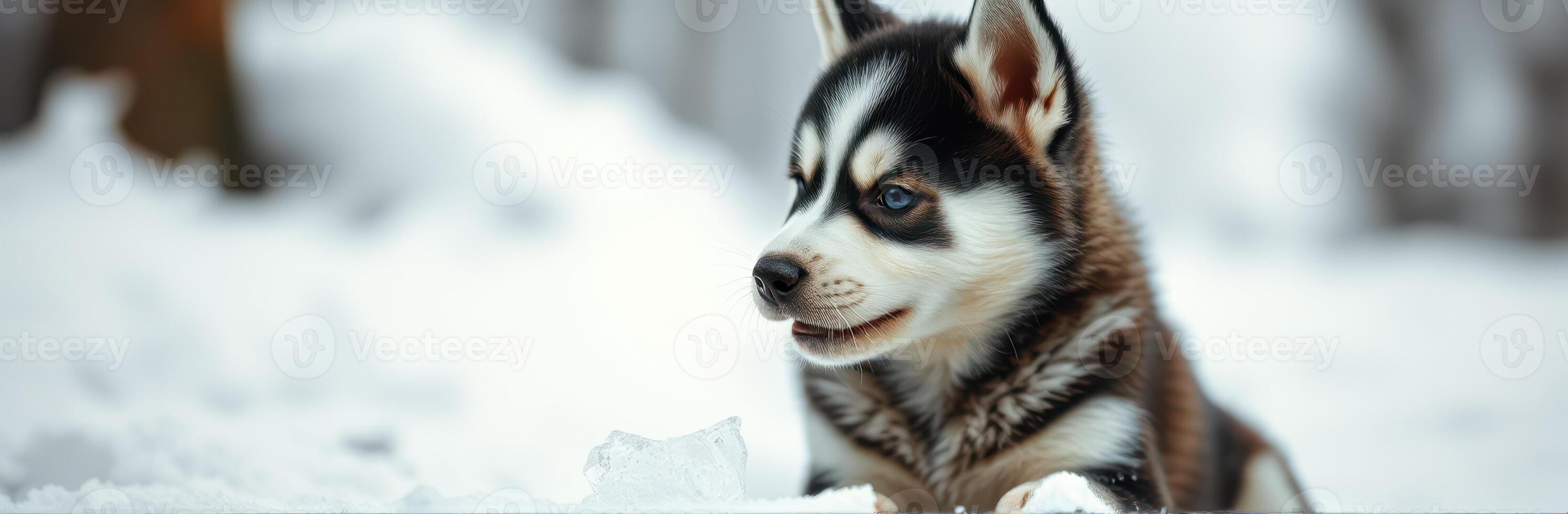 Cute Siberian Husky puppy playing in the snow during a winter afternoon in a forest setting photo
