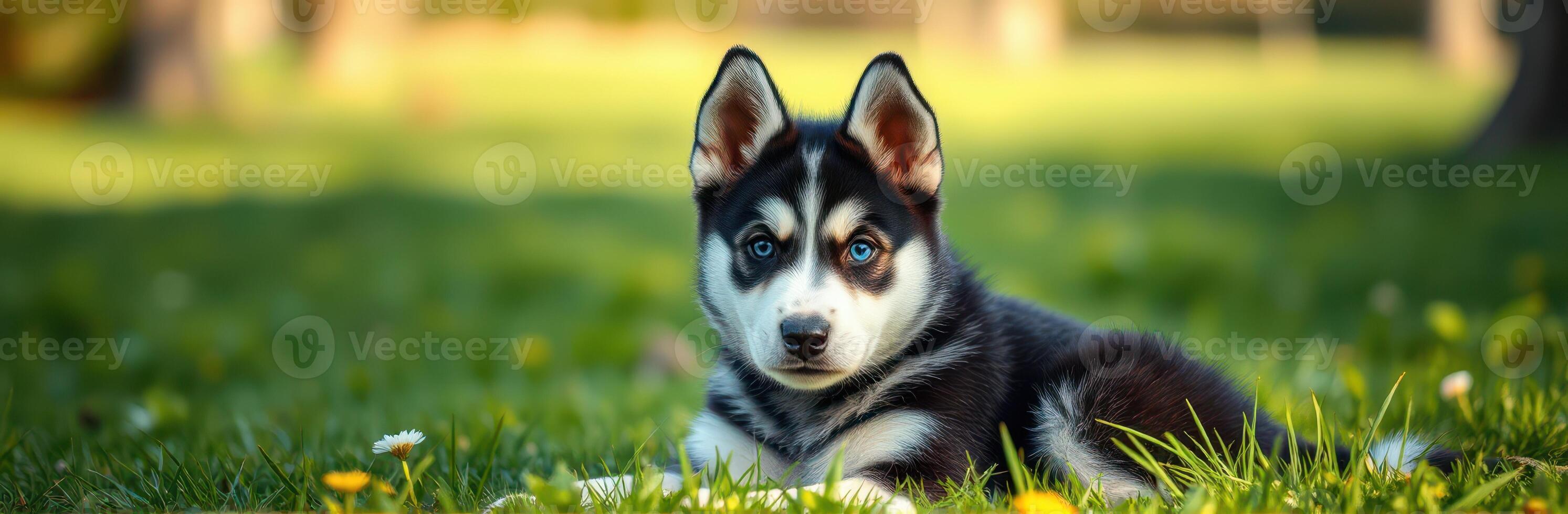 Cute husky puppy resting in the grass on a sunny day in a park surrounded by flowers and trees photo
