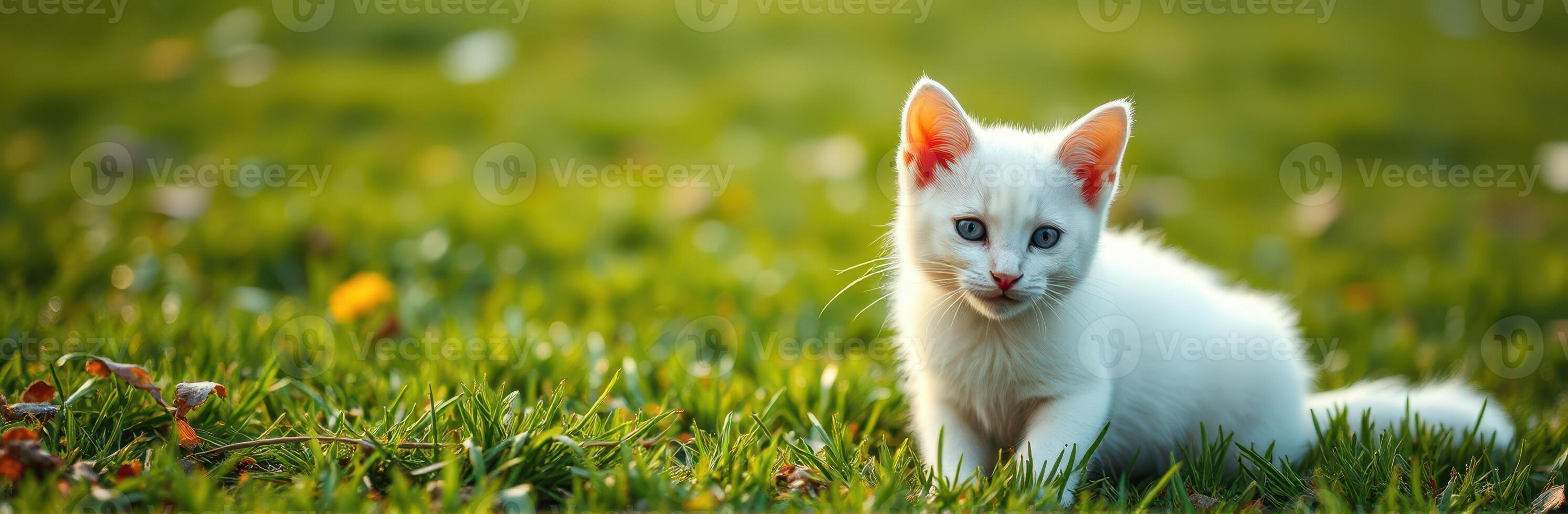 White kitten playing on green grass in a sunny garden during the afternoon photo