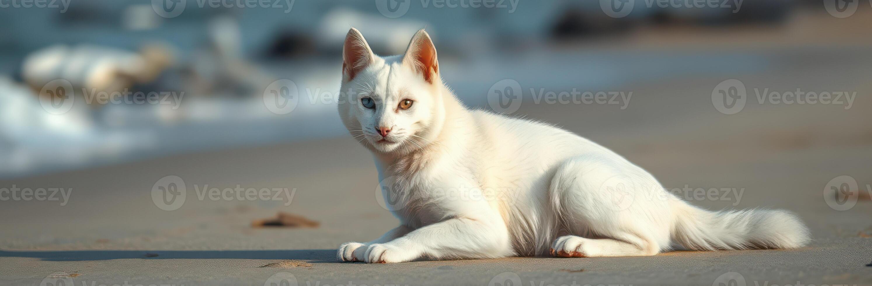 White cat resting on sandy beach near the ocean during sunlight hours with gentle waves in the background photo