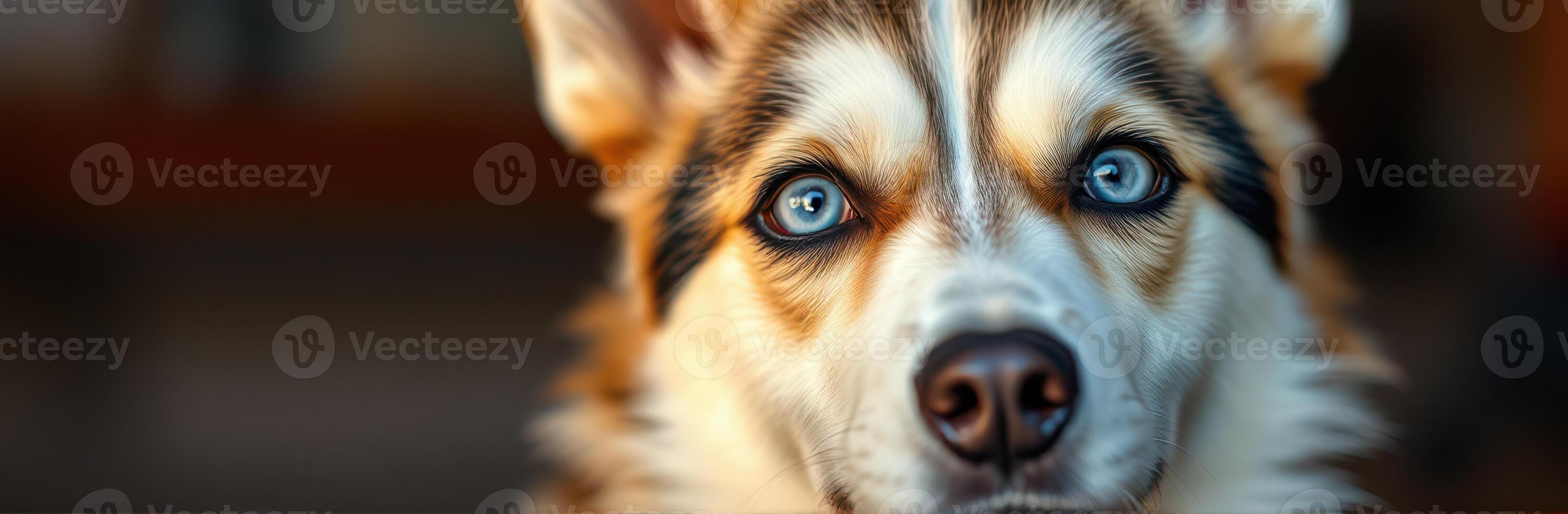 Beautiful dog with striking blue eyes looking directly at the camera in a cozy indoor setting photo