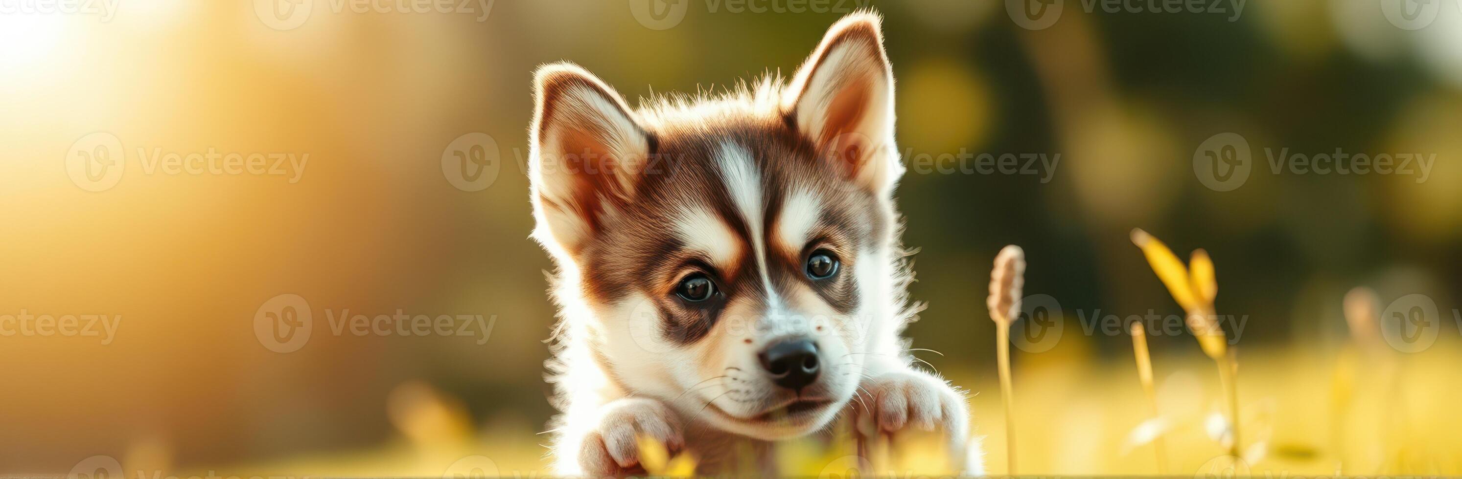 Cute puppy playing in the grass during sunset, showing curiosity and joy in a serene outdoor setting photo