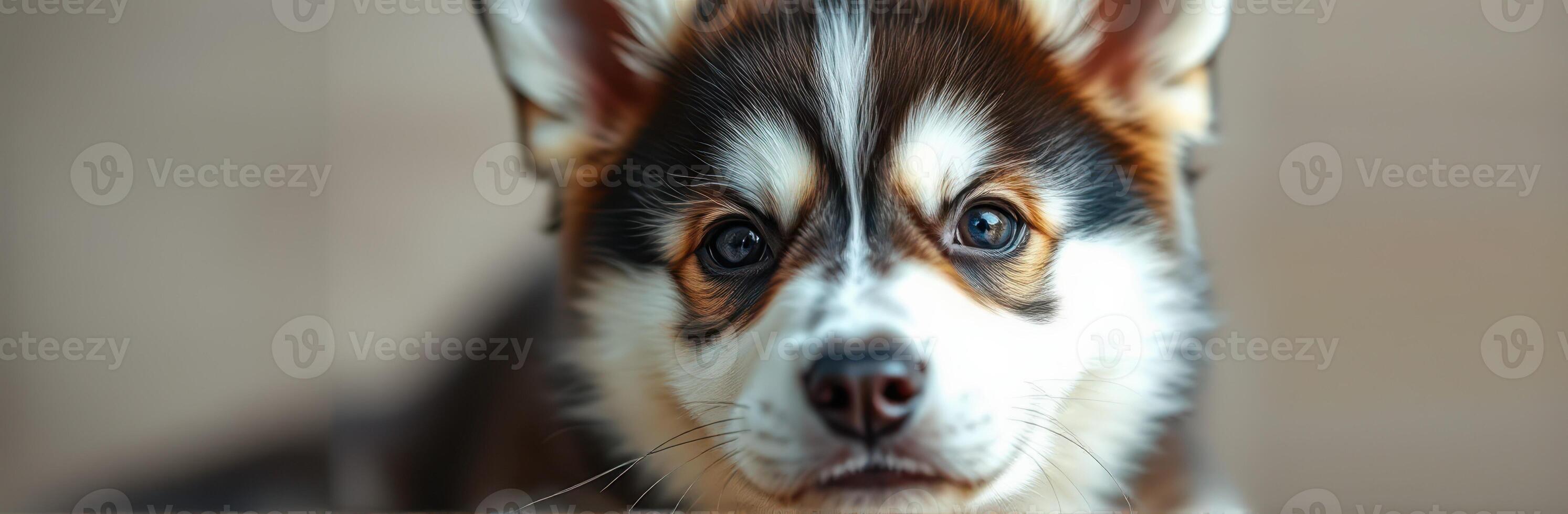 Corgi puppy with striking eyes relaxing indoors in a cozy setting photo