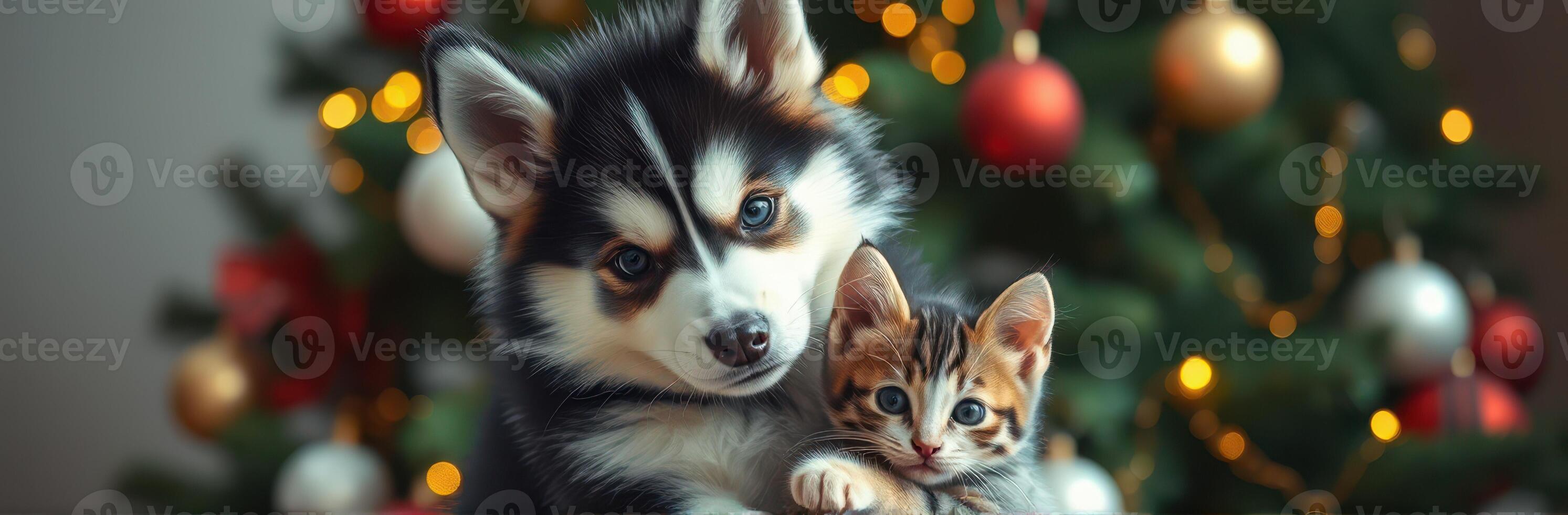 Adorable puppy and kitten together in front of a decorated Christmas tree during the holiday season photo