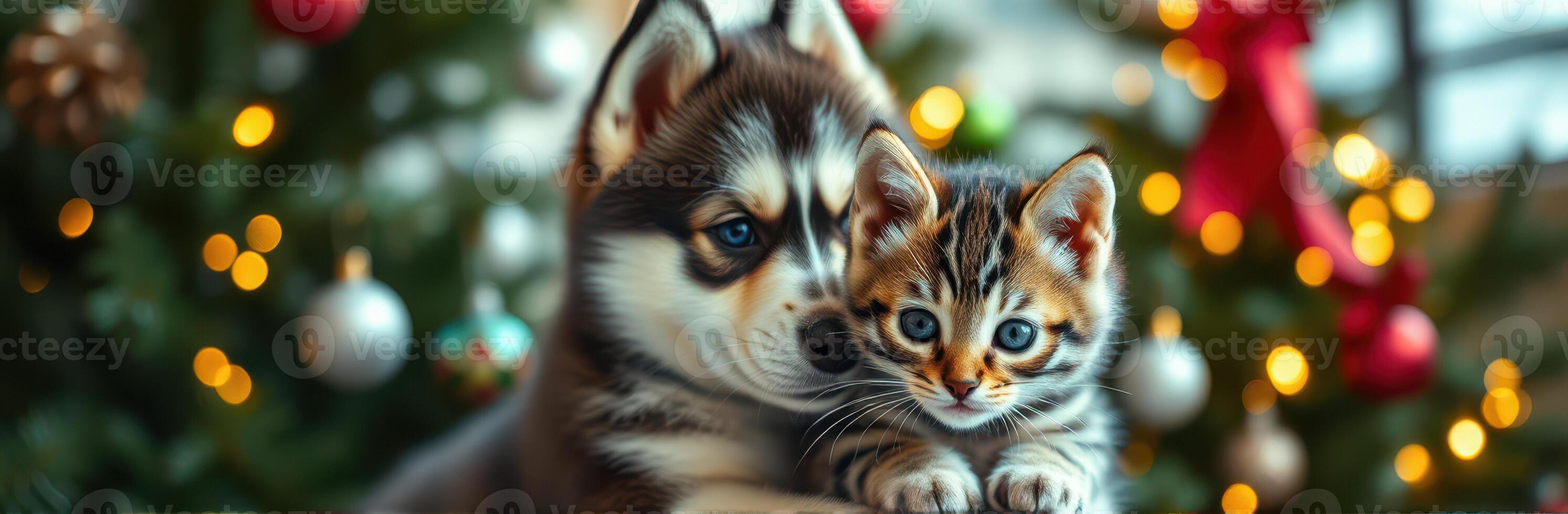 Cute husky puppy and playful kitten cuddle together near a decorated Christmas tree photo