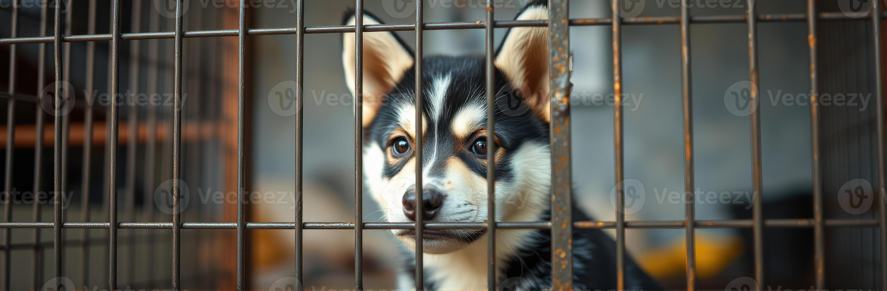 Curious puppy looking through cage bars in an animal shelter environment photo